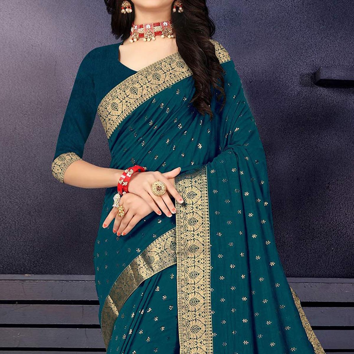 Teal Blue Woven With Fancy Border Vichitra Silk Saree - Peachmode