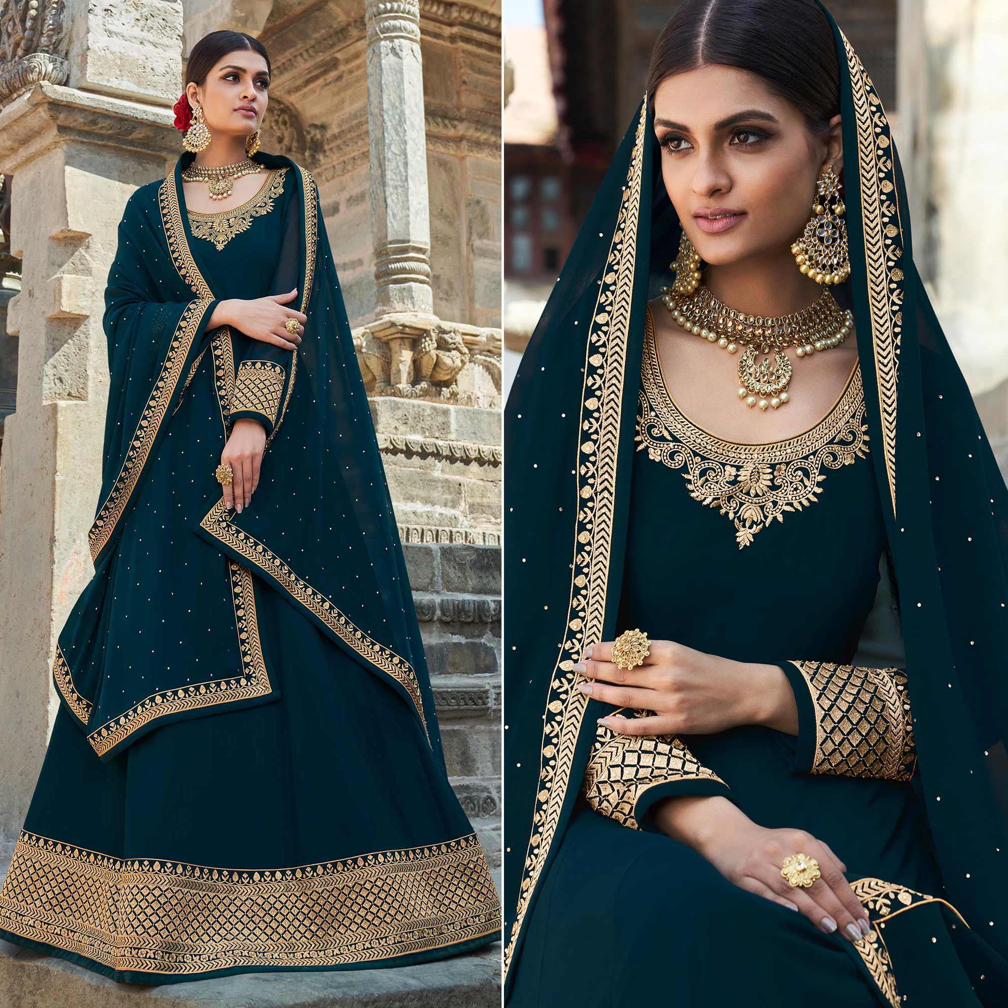 Teal Embroidered Georgette Party Wear Gown - Peachmode