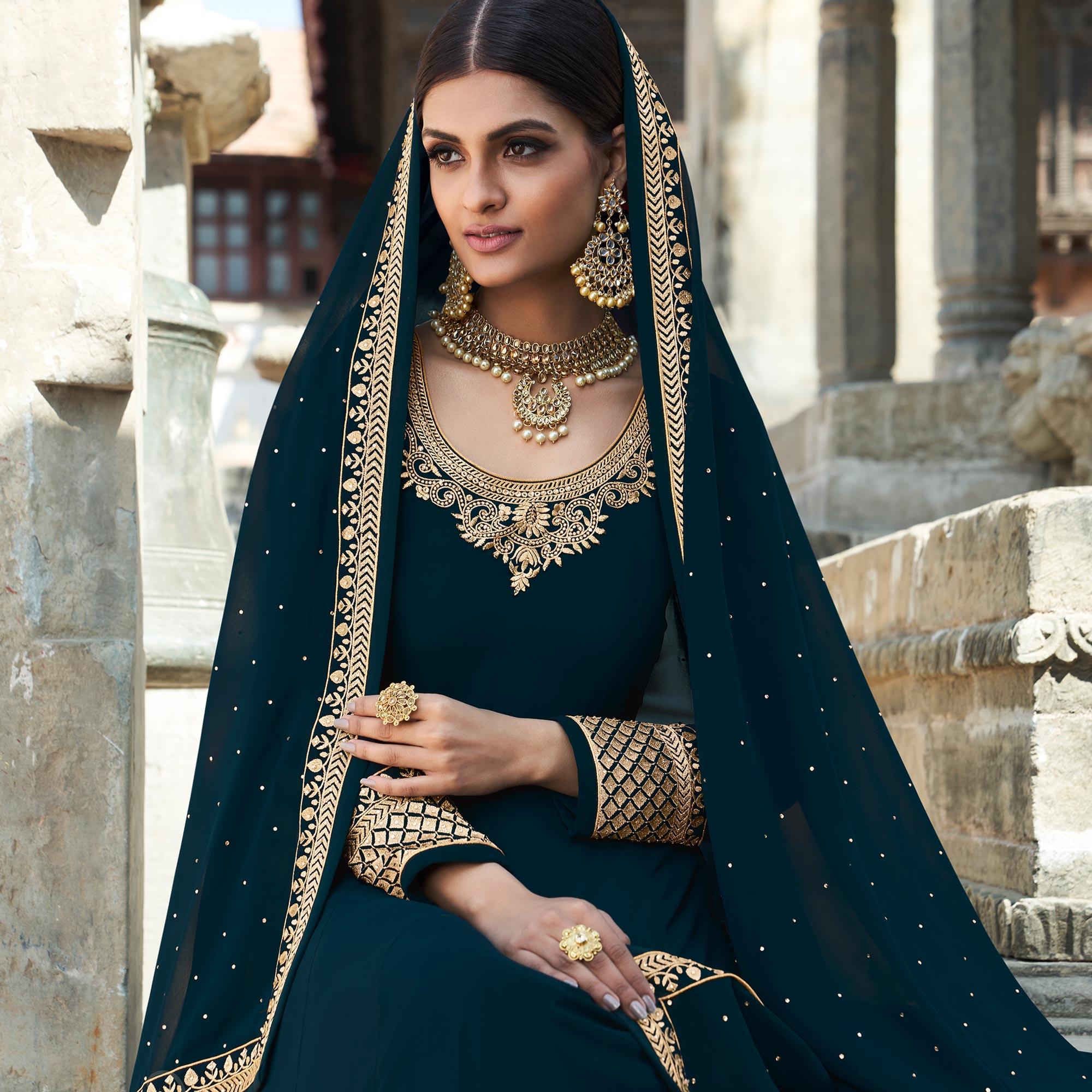 Teal Embroidered Georgette Party Wear Gown - Peachmode