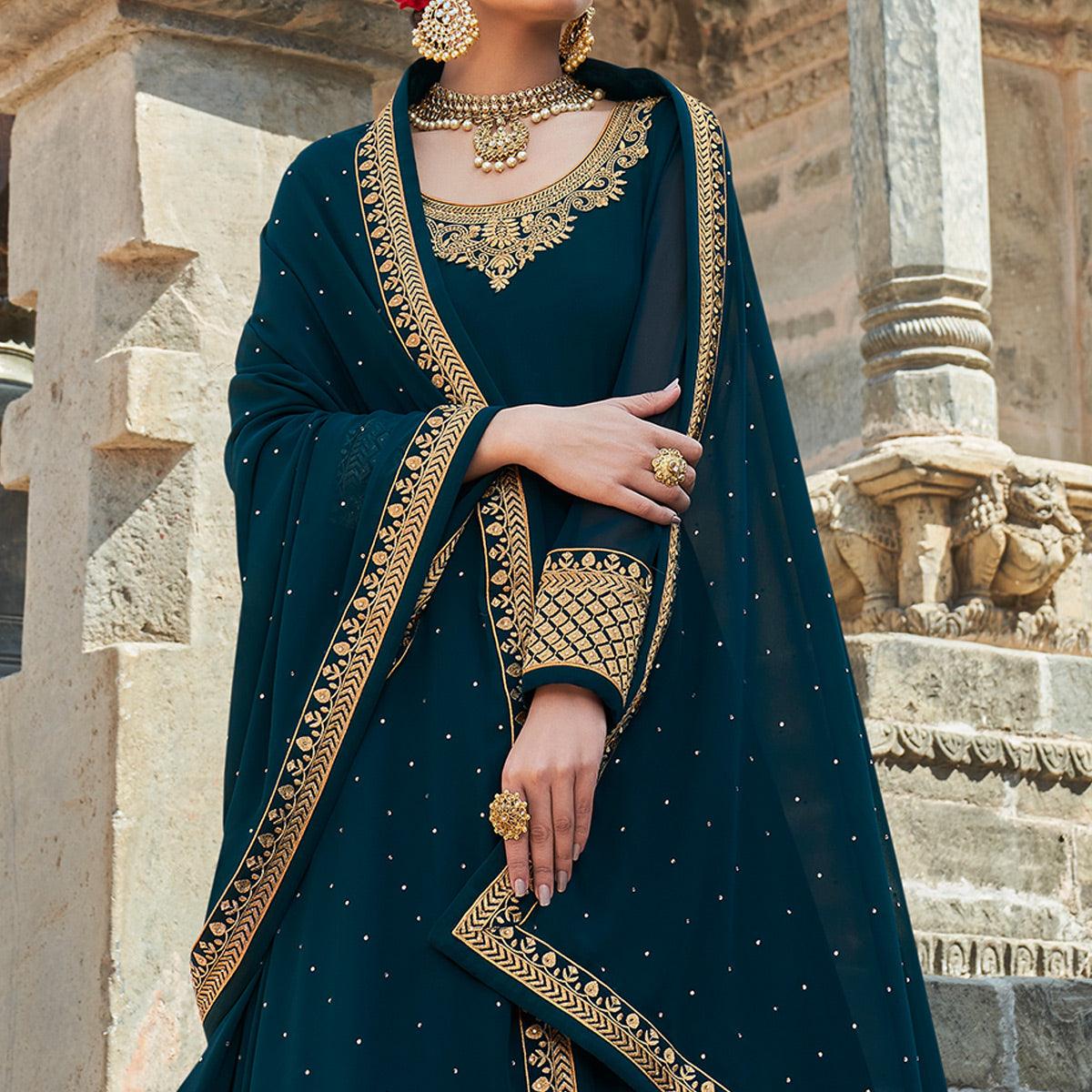 Teal Embroidered Georgette Party Wear Gown - Peachmode