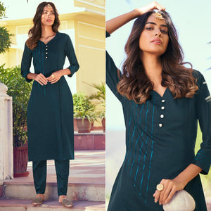 Teal Embroidered Viscose Kurti Pant Set - Peachmode