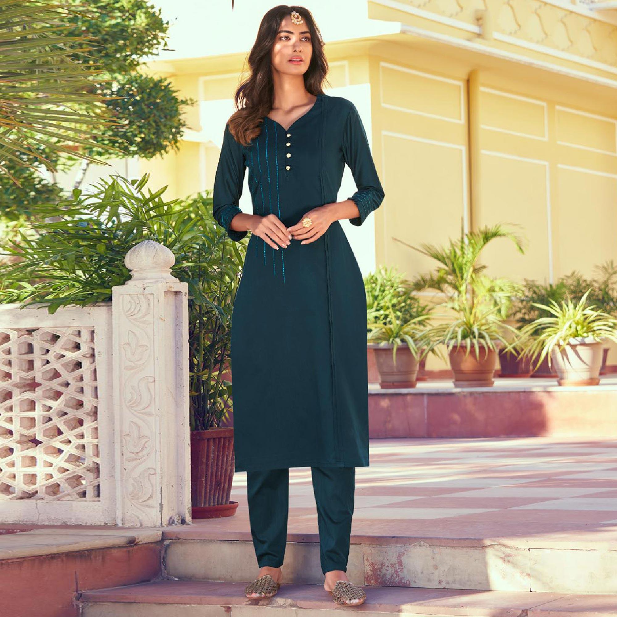 Teal Embroidered Viscose Kurti Pant Set - Peachmode