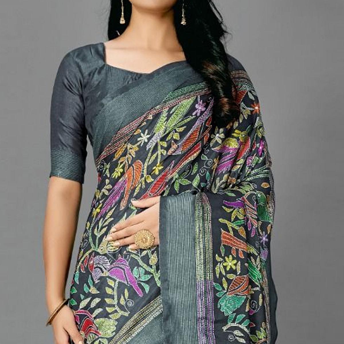 Teal Green Casual Art Silk Printed Saree With Unstitched Blouse - Peachmode