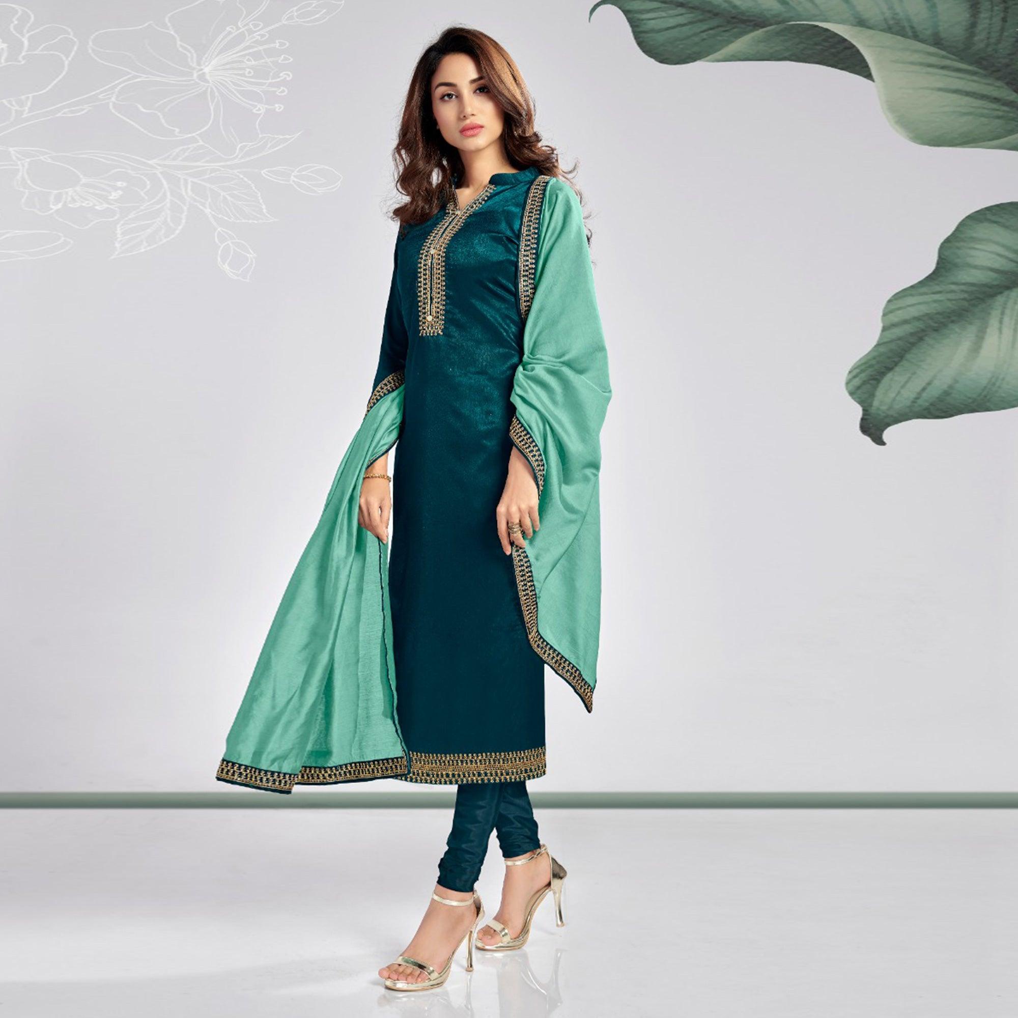 Teal Green Casual Wear Embroidered Sanaya Silk Dress Material - Peachmode