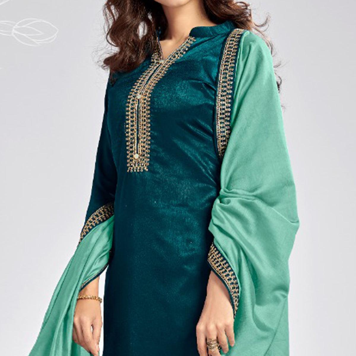 Teal Green Casual Wear Embroidered Sanaya Silk Dress Material - Peachmode