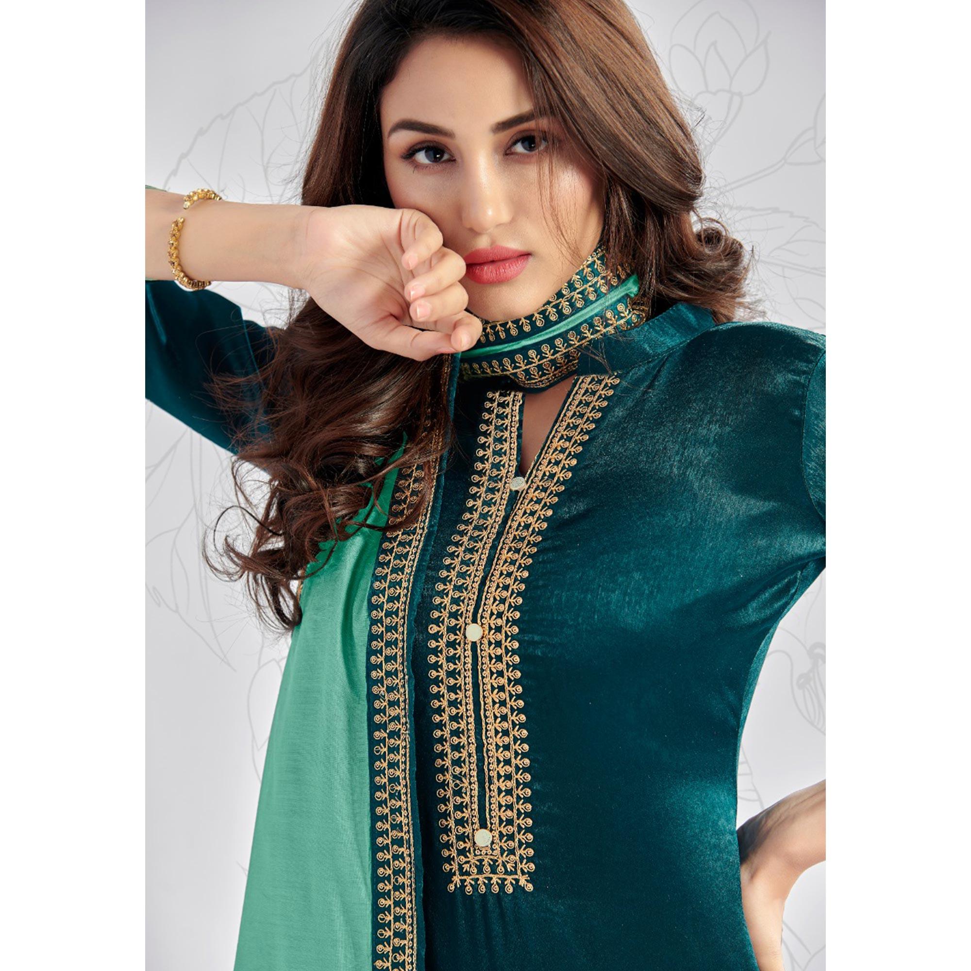 Teal Green Casual Wear Embroidered Sanaya Silk Dress Material - Peachmode