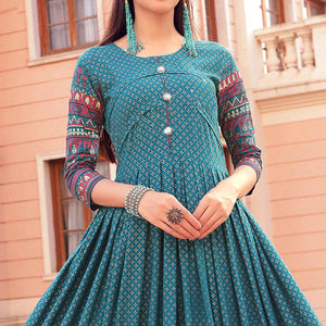 Teal Green Casual Wear Floral Printed Heavy Rayon Gown - Peachmode