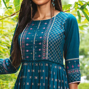 Teal Green Casual Wear Floral Printed Heavy Silk Long Kurti - Peachmode