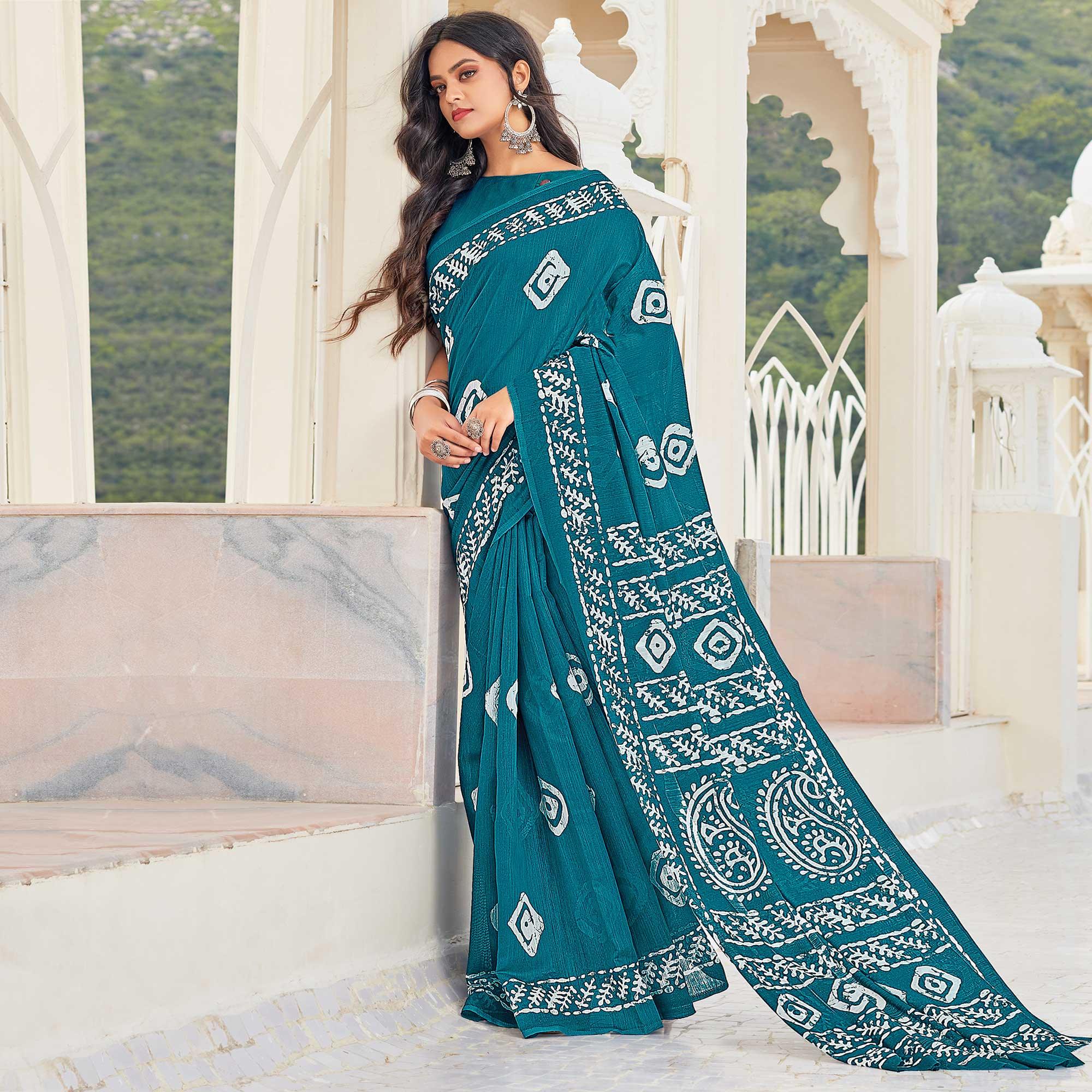 Teal Green Casual Wear Printed Cotton Saree - Peachmode