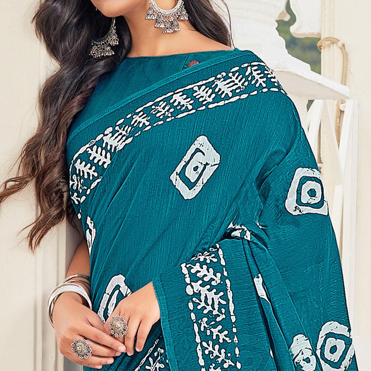 Teal Green Casual Wear Printed Cotton Saree - Peachmode