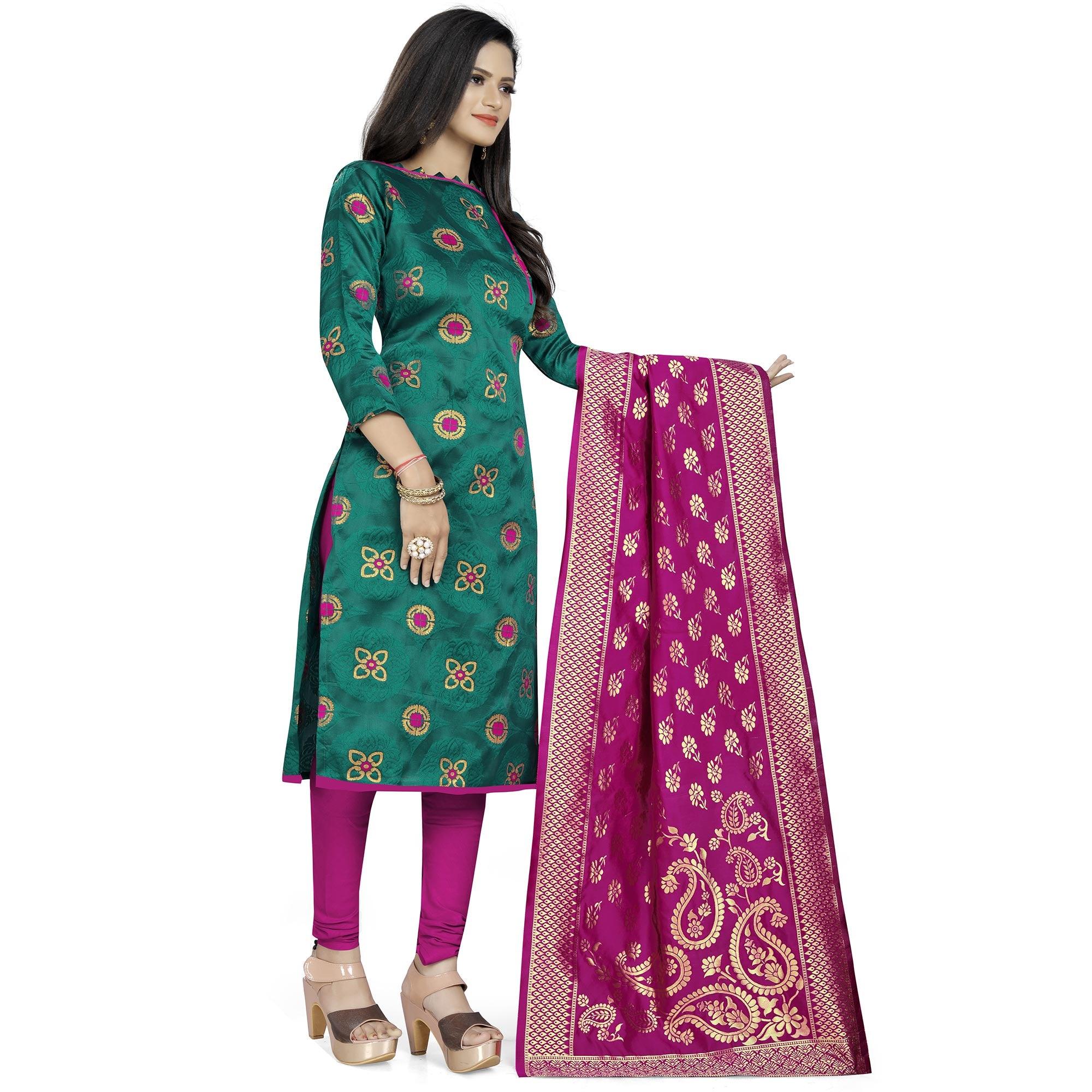 Teal Green Colored Party Wear Woven Banarasi Silk Dress Material - Peachmode