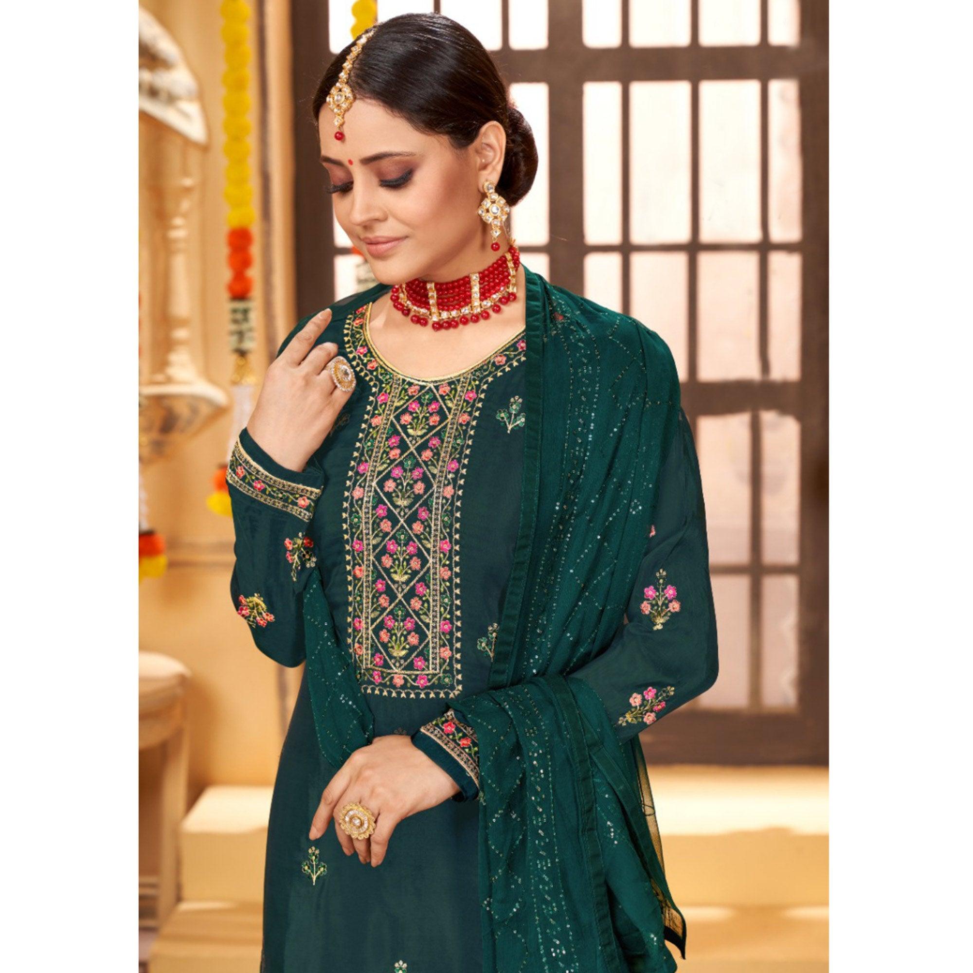 Teal Green Embroidered Art Silk Salwar Suit - Peachmode