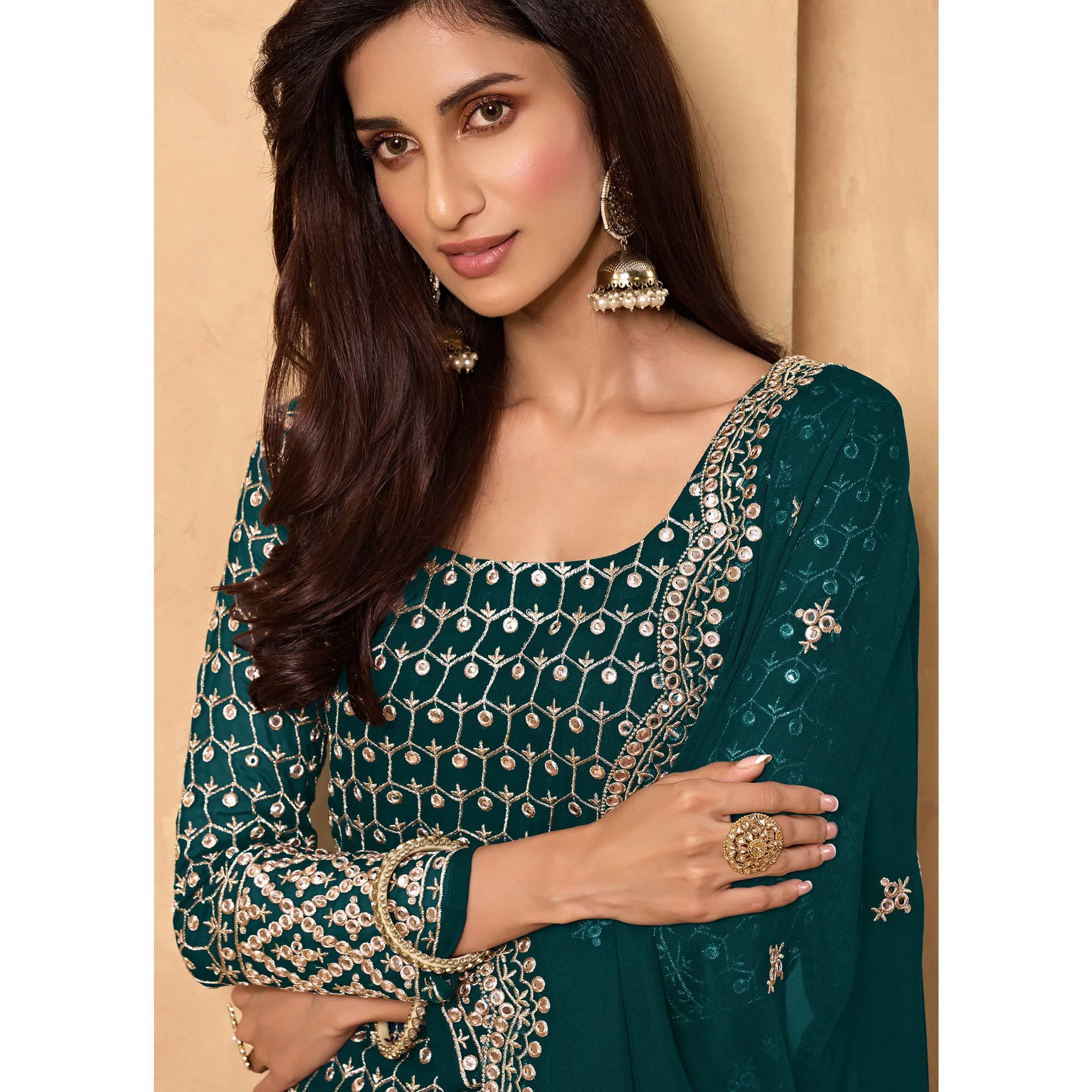 Teal Green Embroidered-Embellished Georgette Sharara Suit - Peachmode