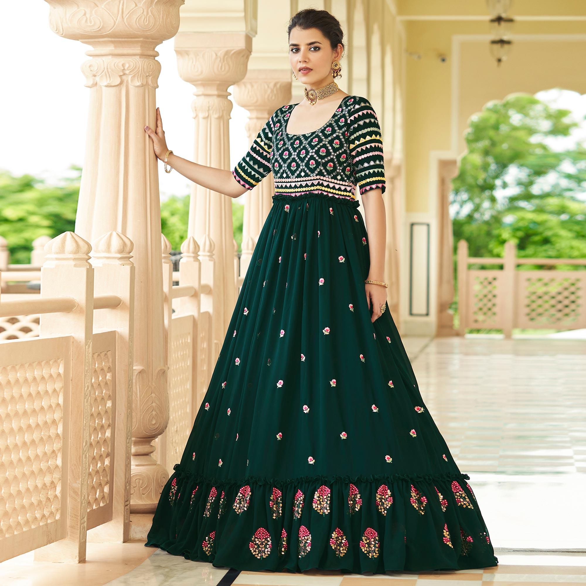 Teal Green Embroidered Georgette Gown - Peachmode
