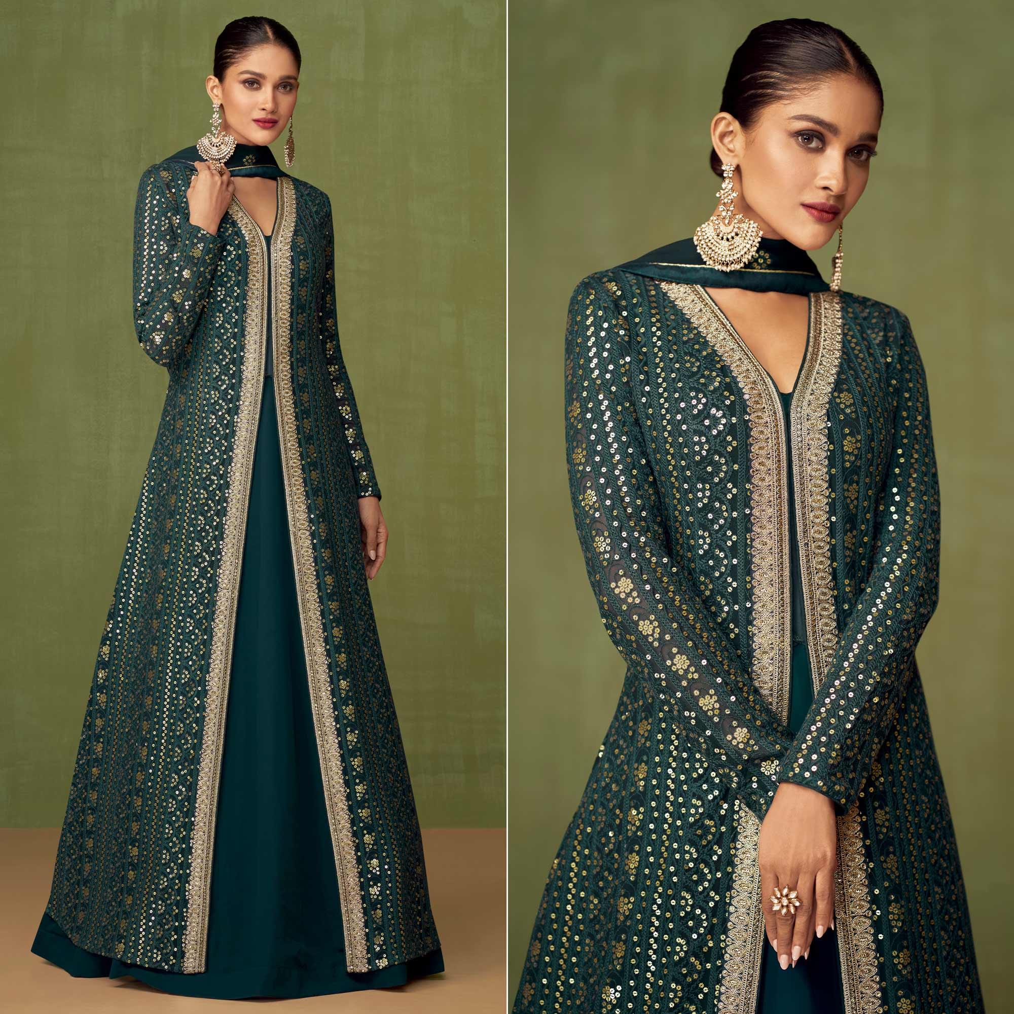 Teal Green Embroidered Georgette Gown - Peachmode