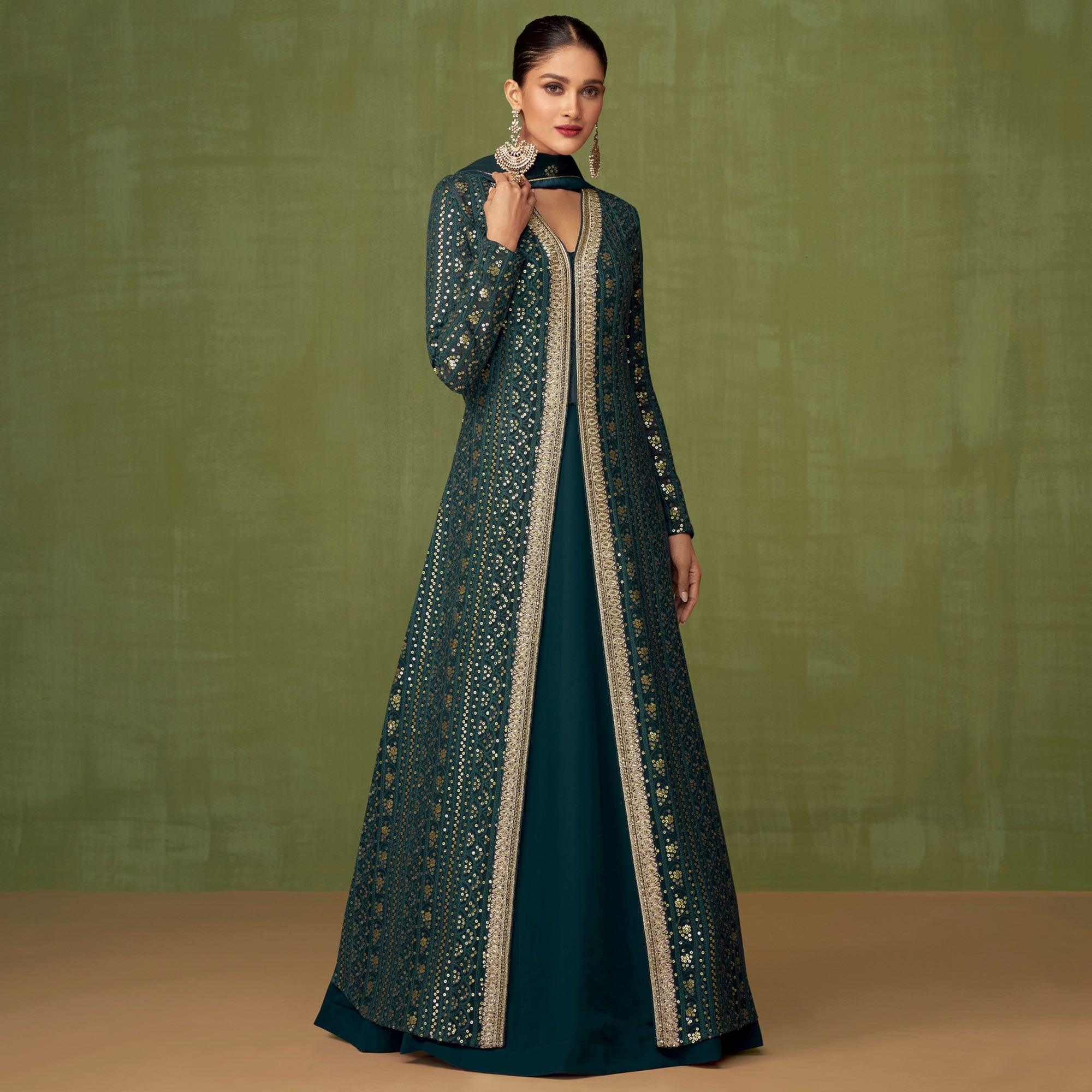 Teal Green Embroidered Georgette Gown - Peachmode