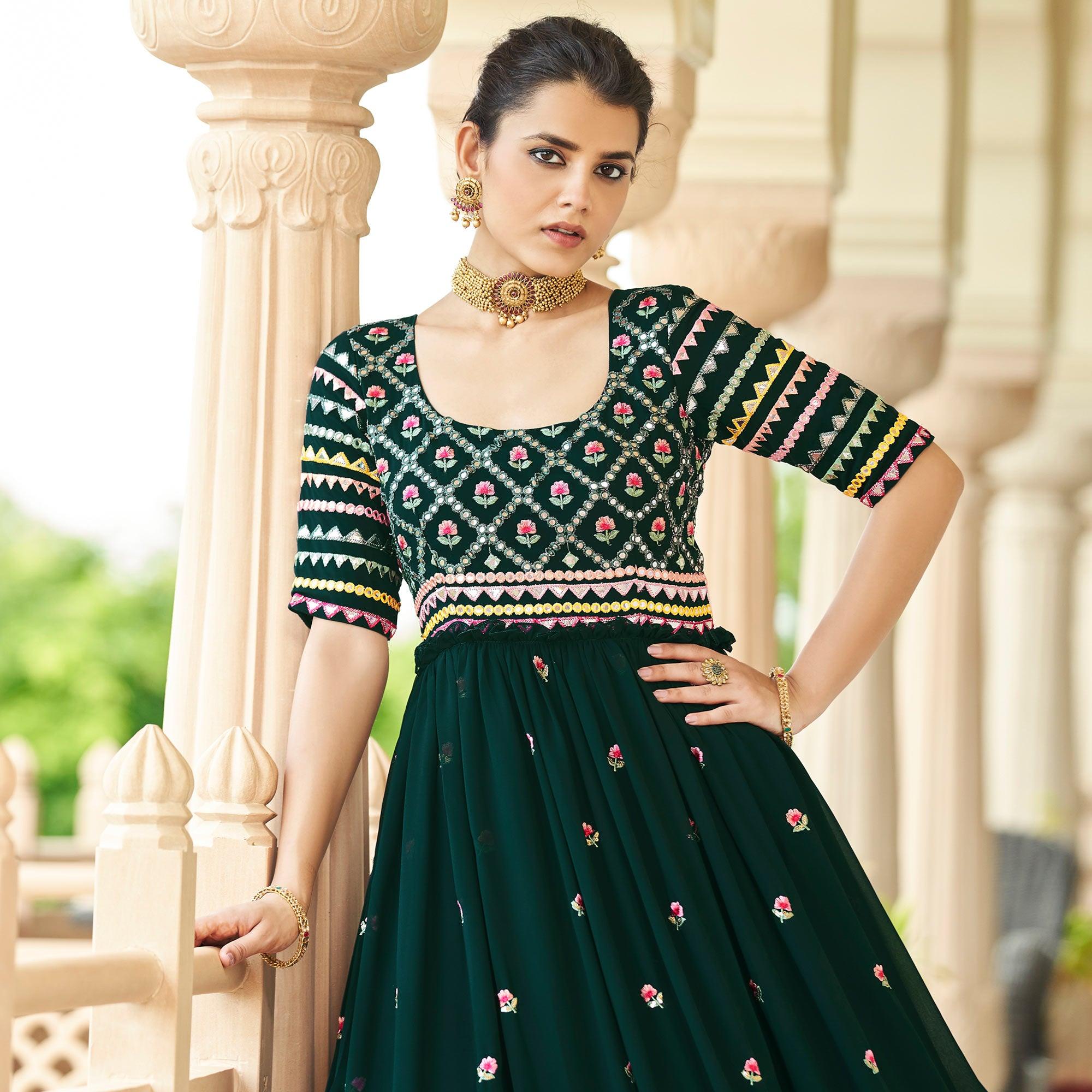 Teal Green Embroidered Georgette Gown - Peachmode