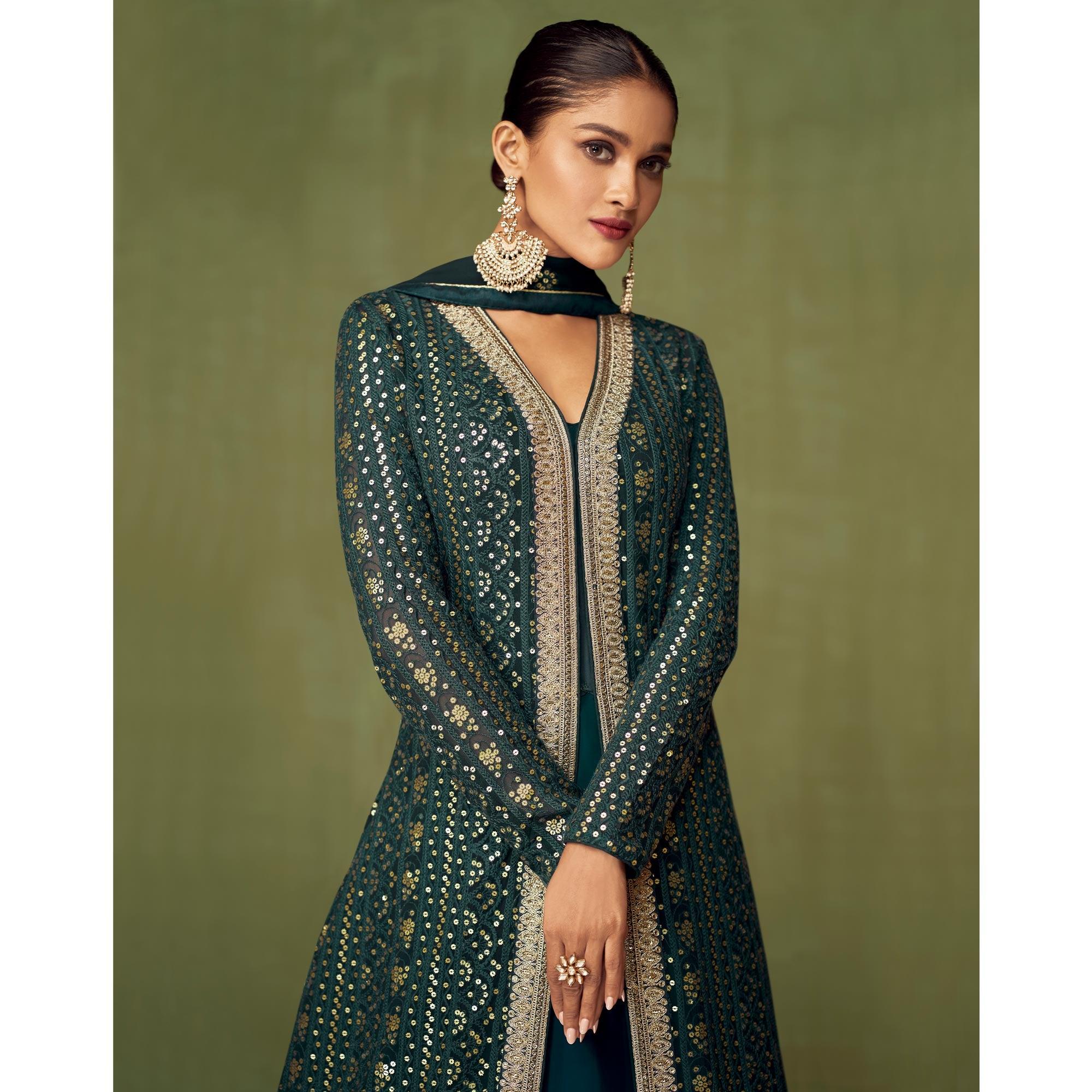 Teal Green Embroidered Georgette Gown - Peachmode