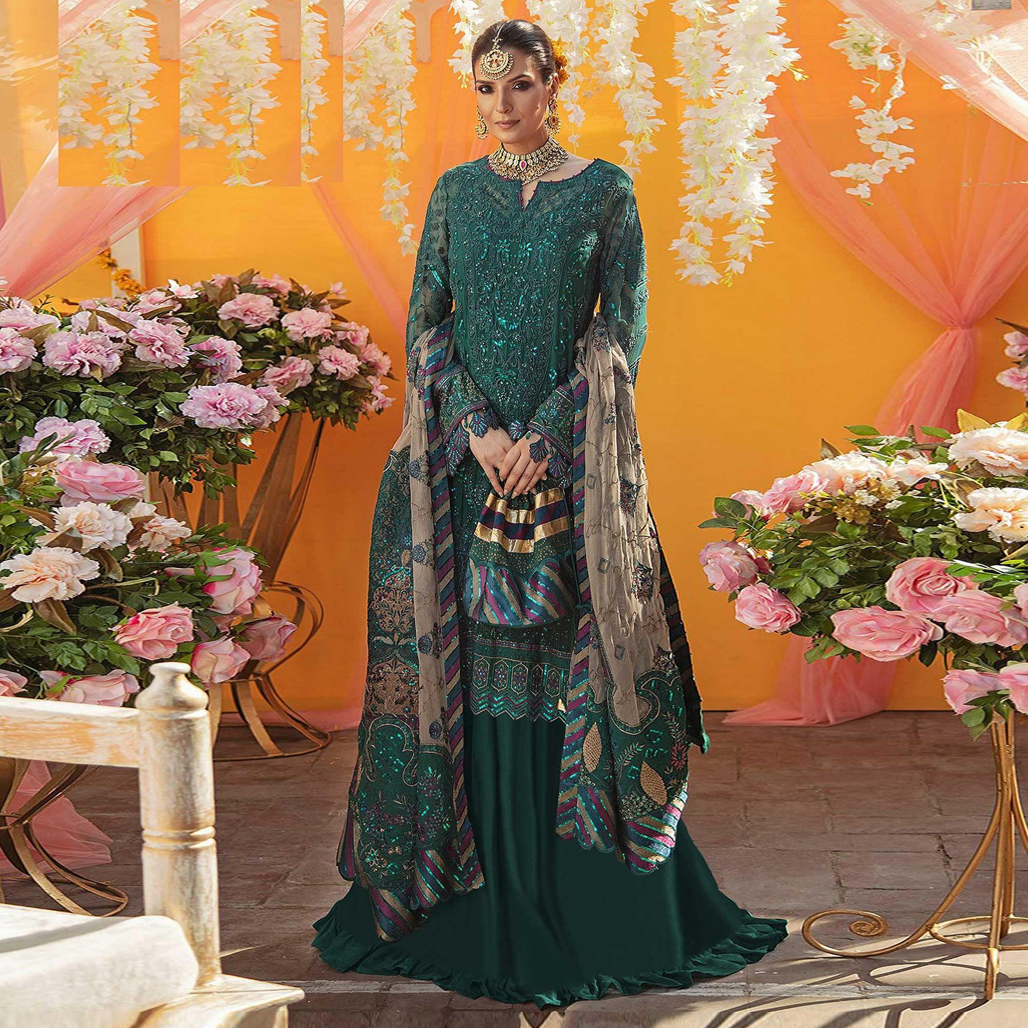 Teal Green Embroidered Georgette Suit - Peachmode