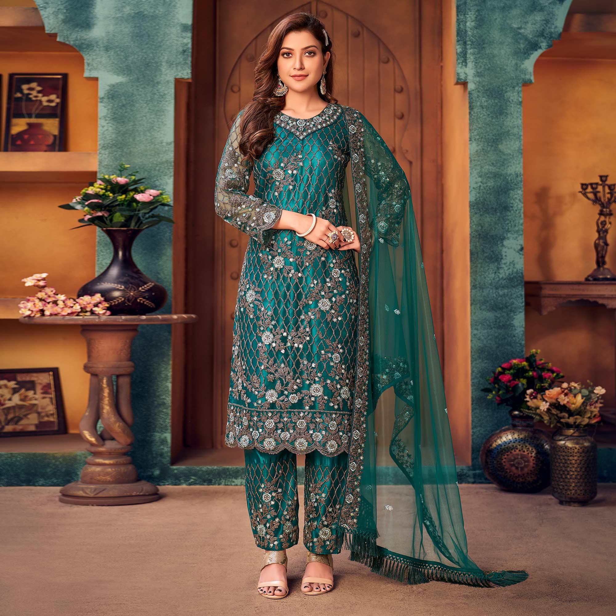 Teal Green Embroidered Netted Pakistani Suit - Peachmode