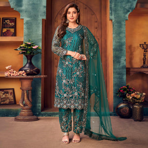 Teal Green Embroidered Netted Pakistani Suit - Peachmode