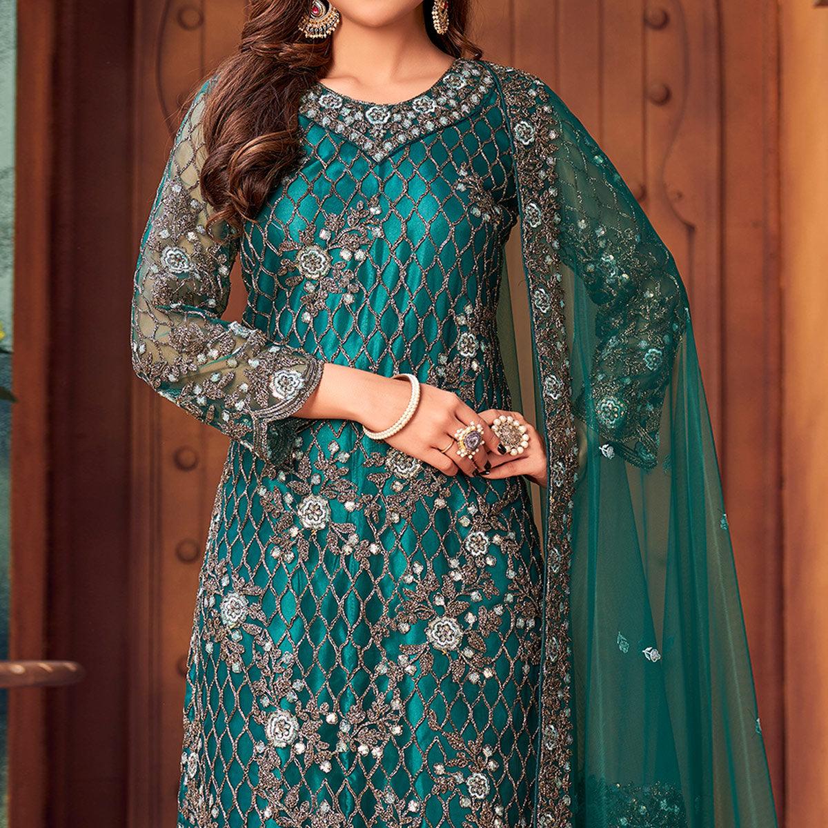 Teal Green Embroidered Netted Pakistani Suit - Peachmode