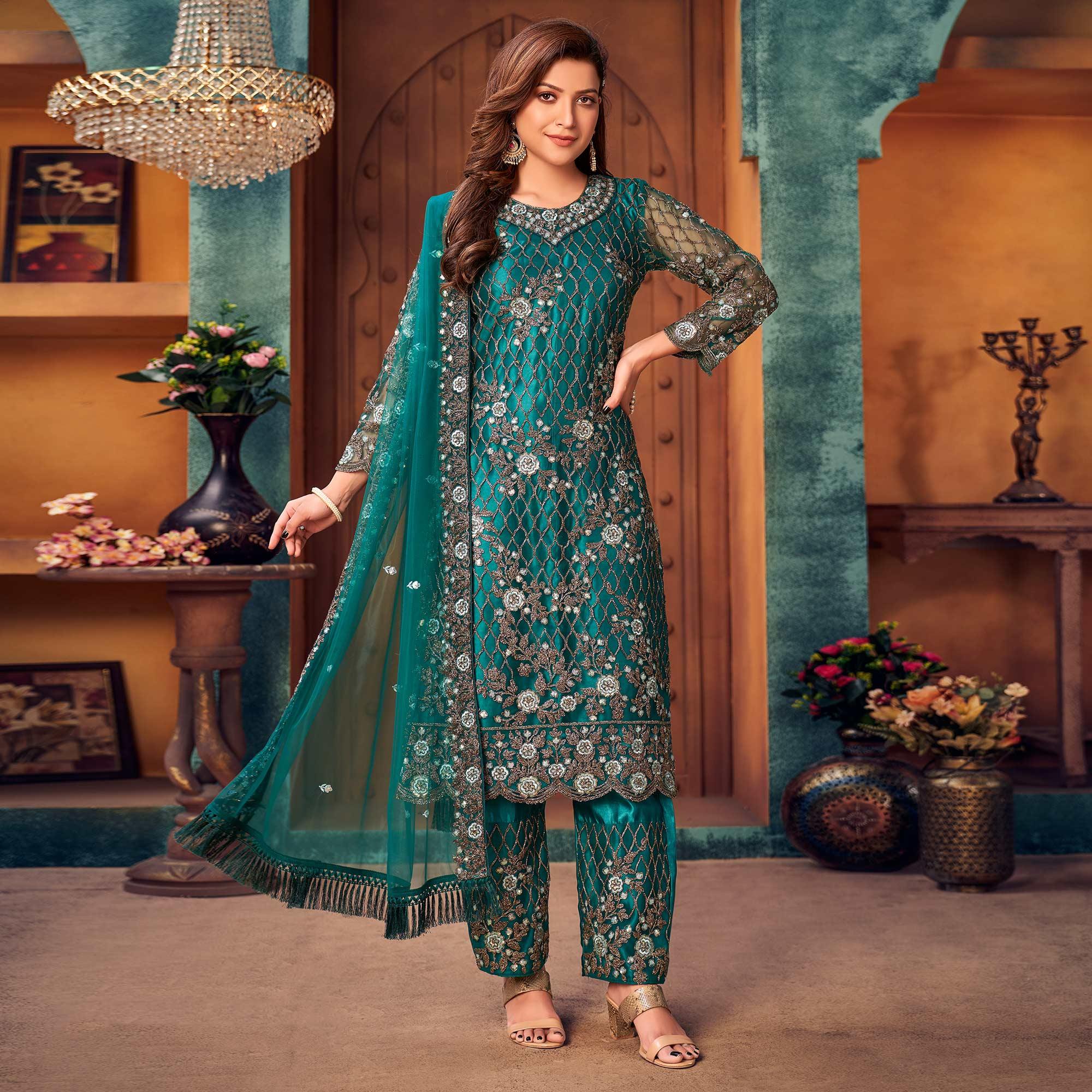 Teal Green Embroidered Netted Pakistani Suit - Peachmode