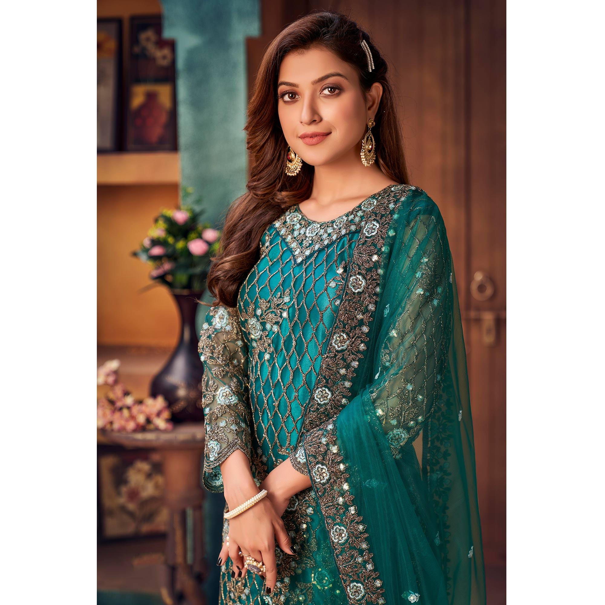 Teal Green Embroidered Netted Pakistani Suit - Peachmode