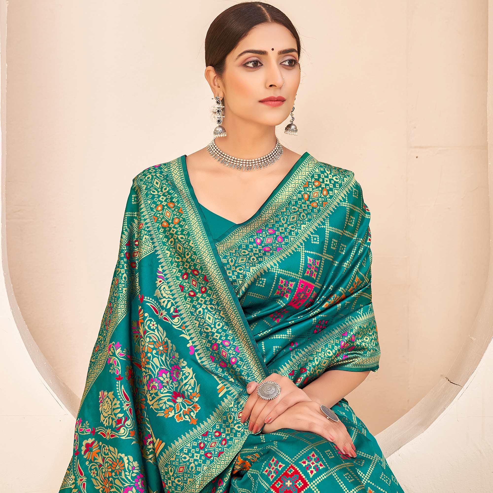 Teal Green Festive Wear Banarasi with Patola Woven Banarasi Silk saree - Peachmode