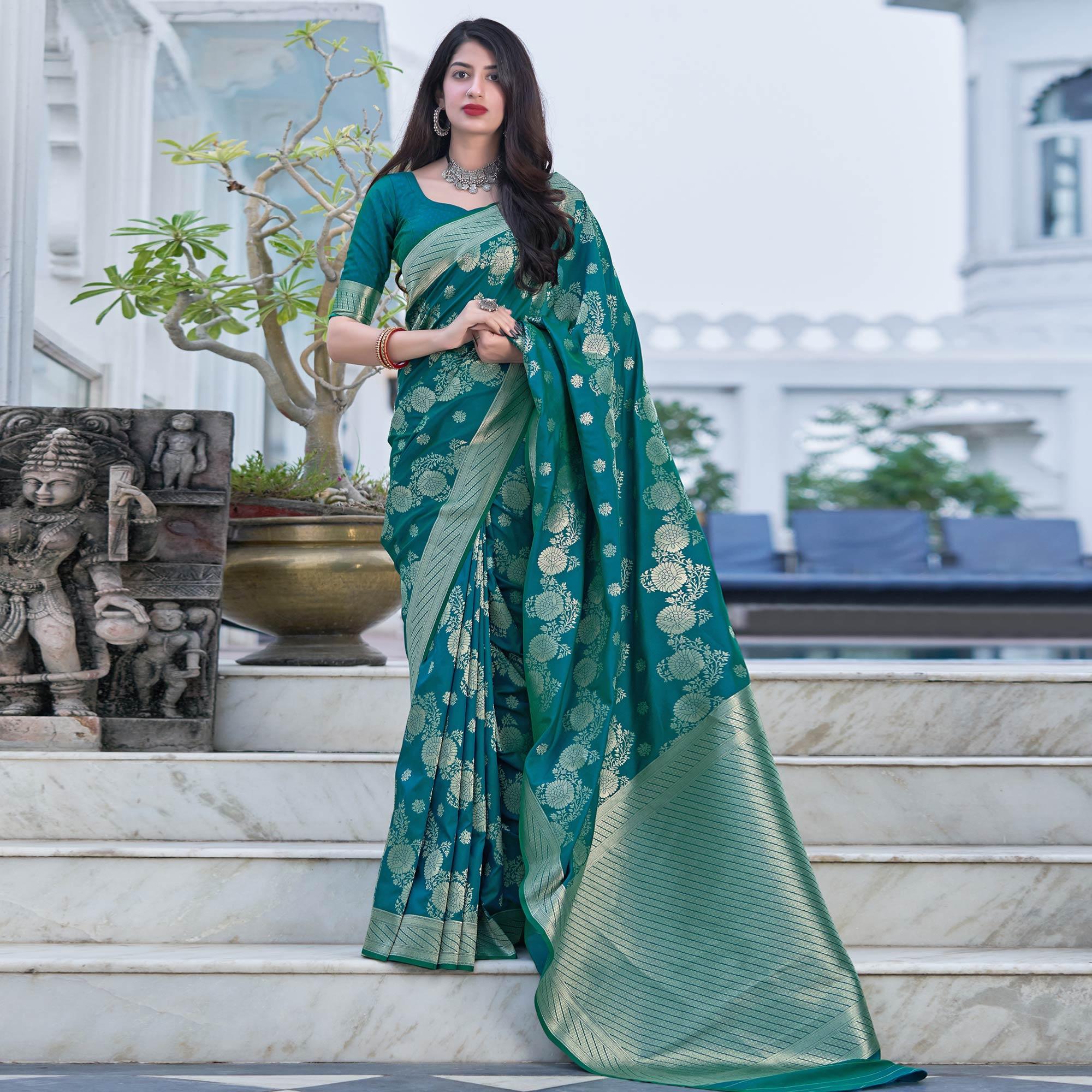 Teal Green Festive Wear Designer Woven Silk Saree - Peachmode