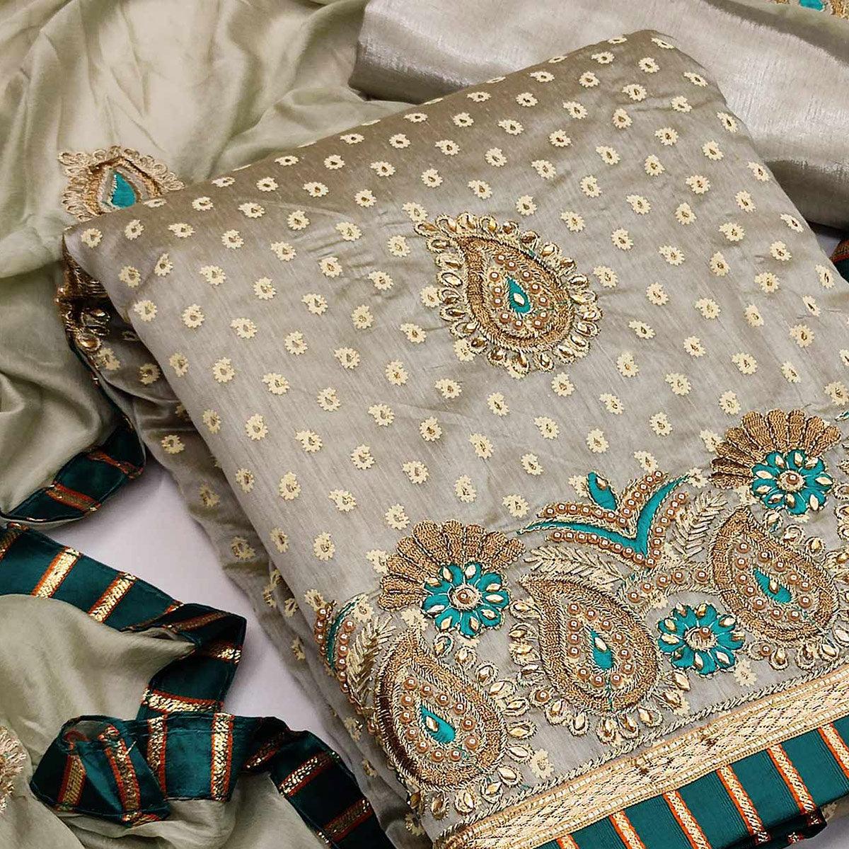 Teal Green Festive Wear Embroidered Fancy Dress Material - Peachmode