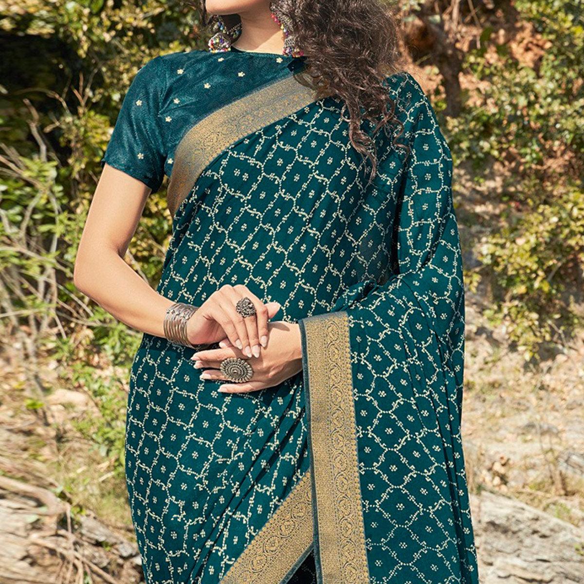 Teal Green Festive Wear Printed Silk Saree - Peachmode