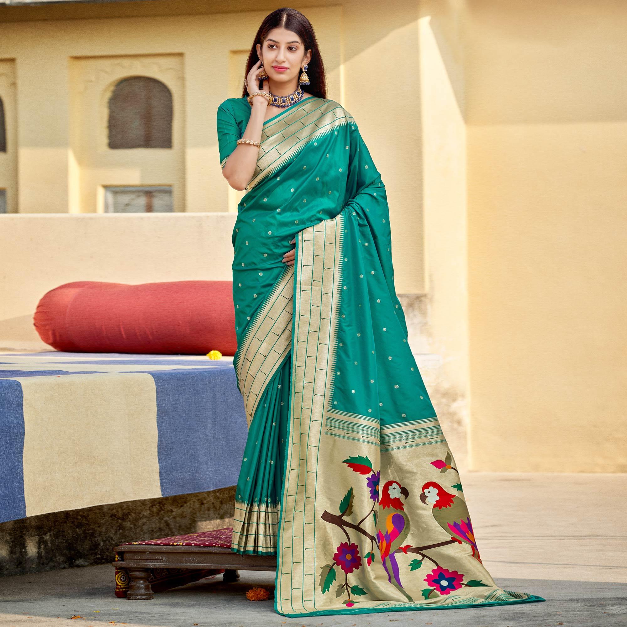 Teal Green Festive Wear Woven Banarasi Silk Saree - Peachmode