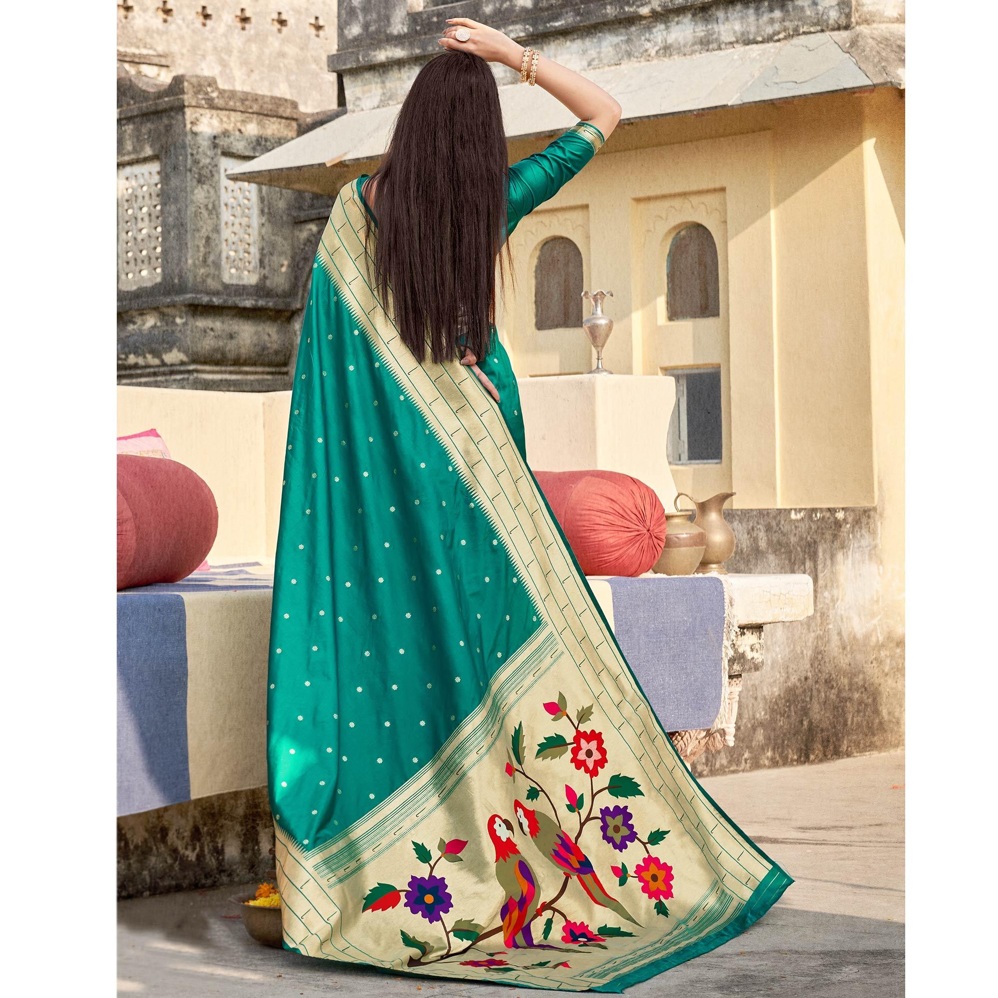 Teal Green Festive Wear Woven Banarasi Silk Saree - Peachmode