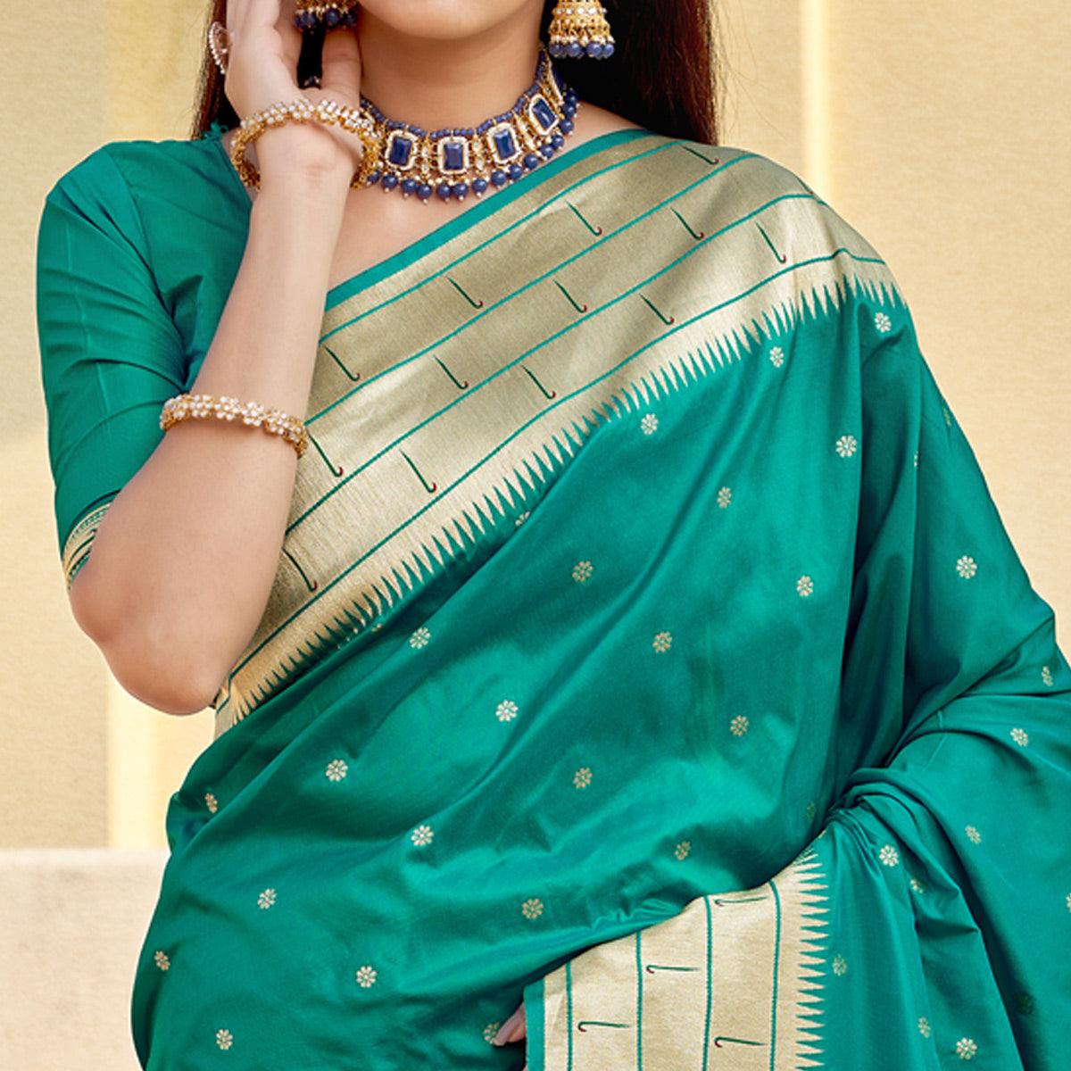 Teal Green Festive Wear Woven Banarasi Silk Saree - Peachmode