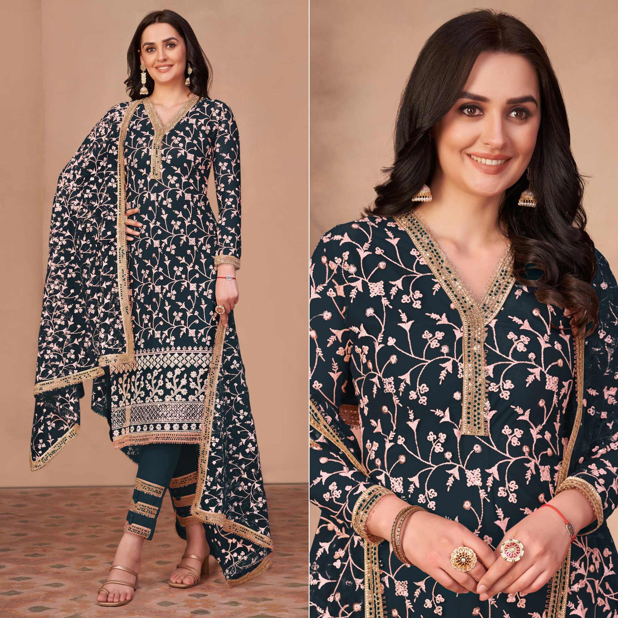 Teal Green Floral Embroidered Netted Suit - Peachmode