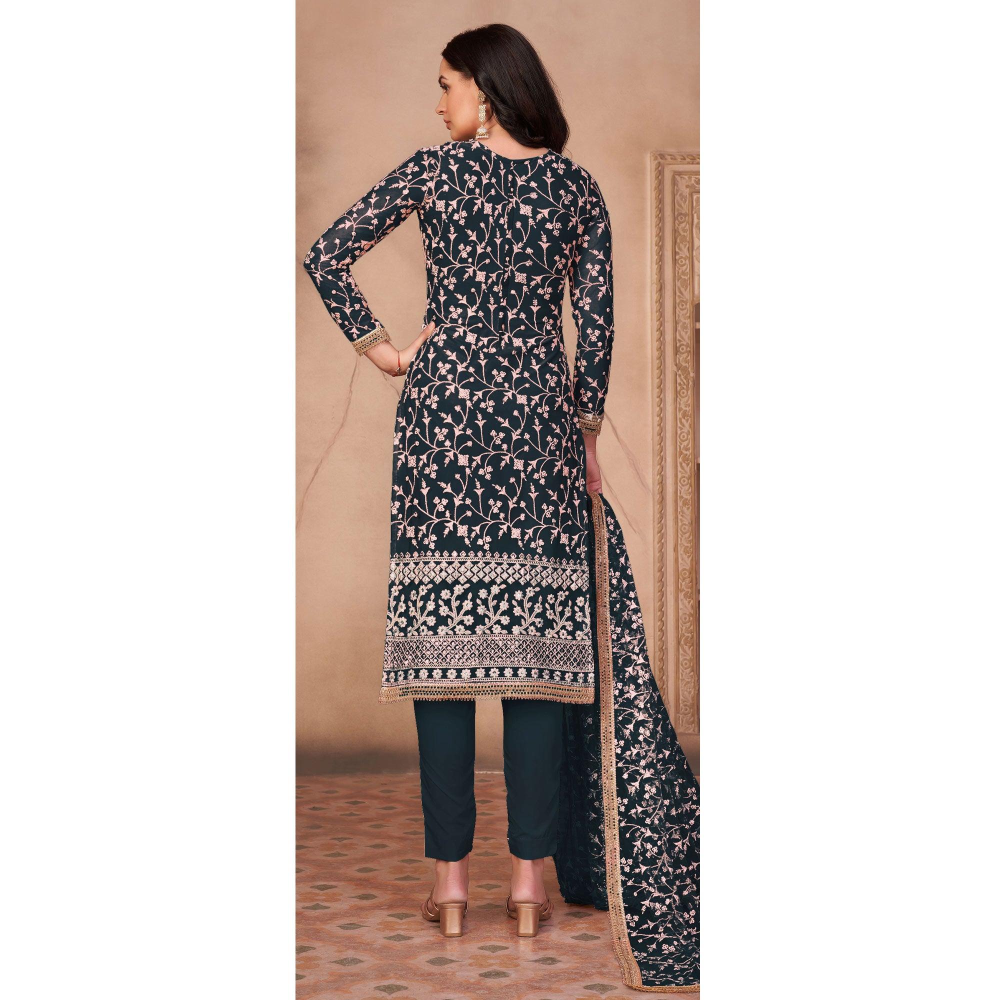Teal Green Floral Embroidered Netted Suit - Peachmode