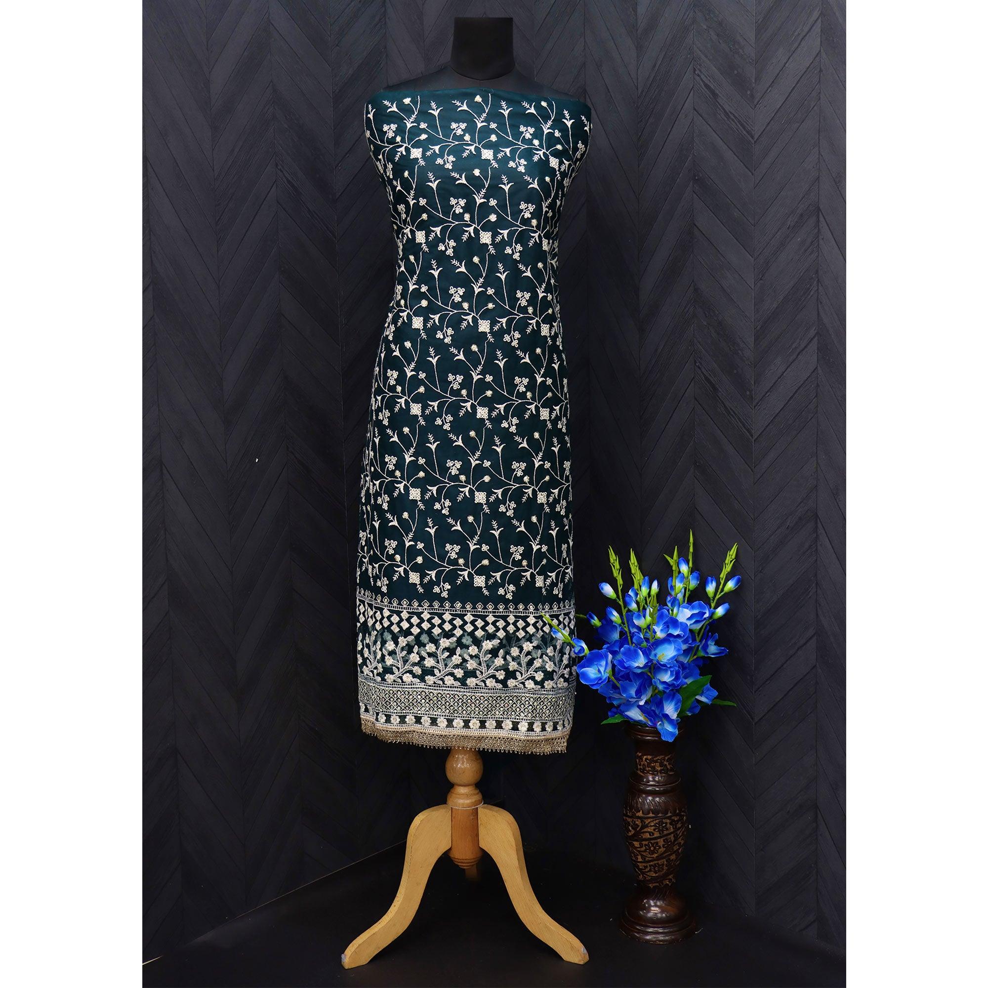 Teal Green Floral Embroidered Netted Suit - Peachmode