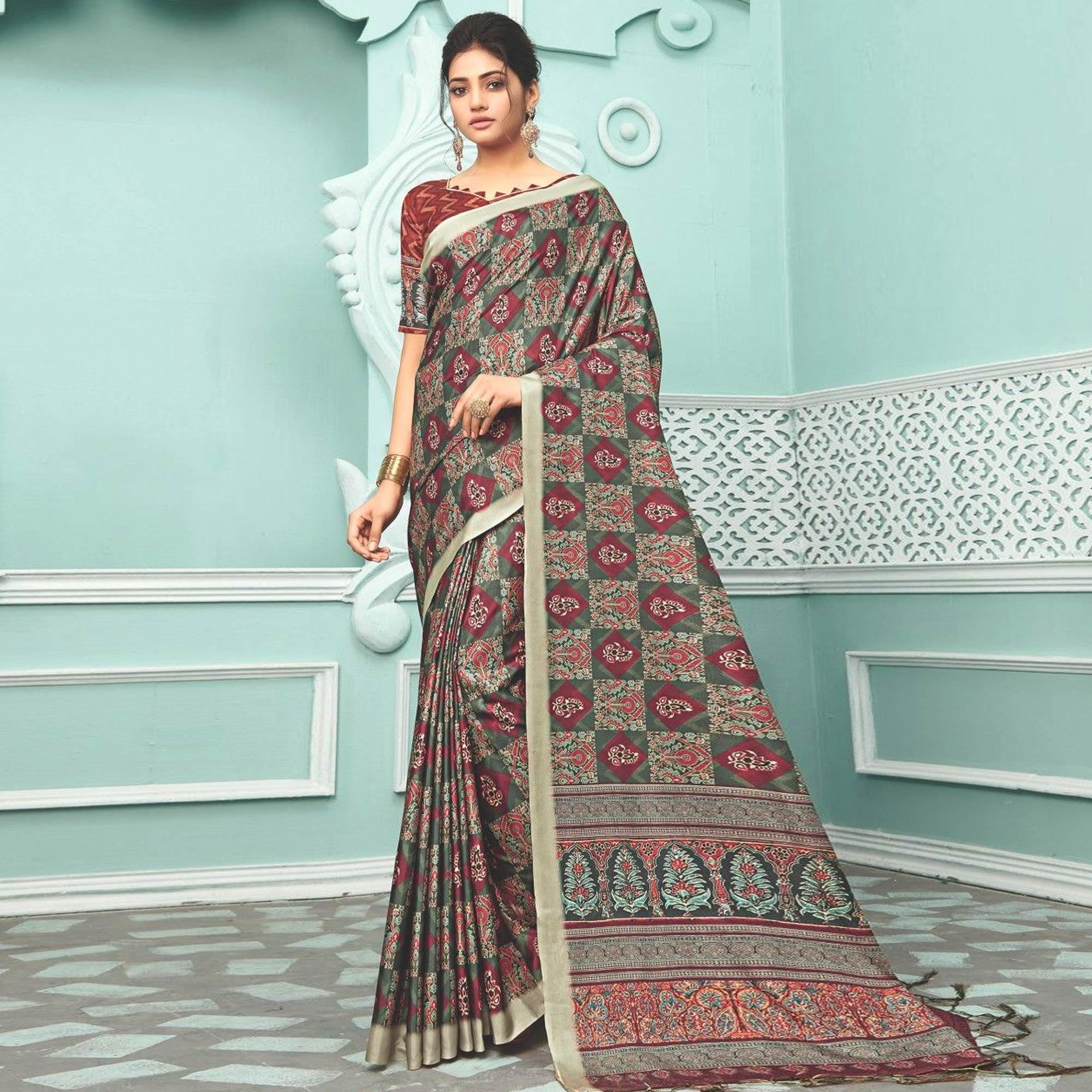 Teal Green Party Wear Satin Printed Saree With Unstitched Blouse - Peachmode