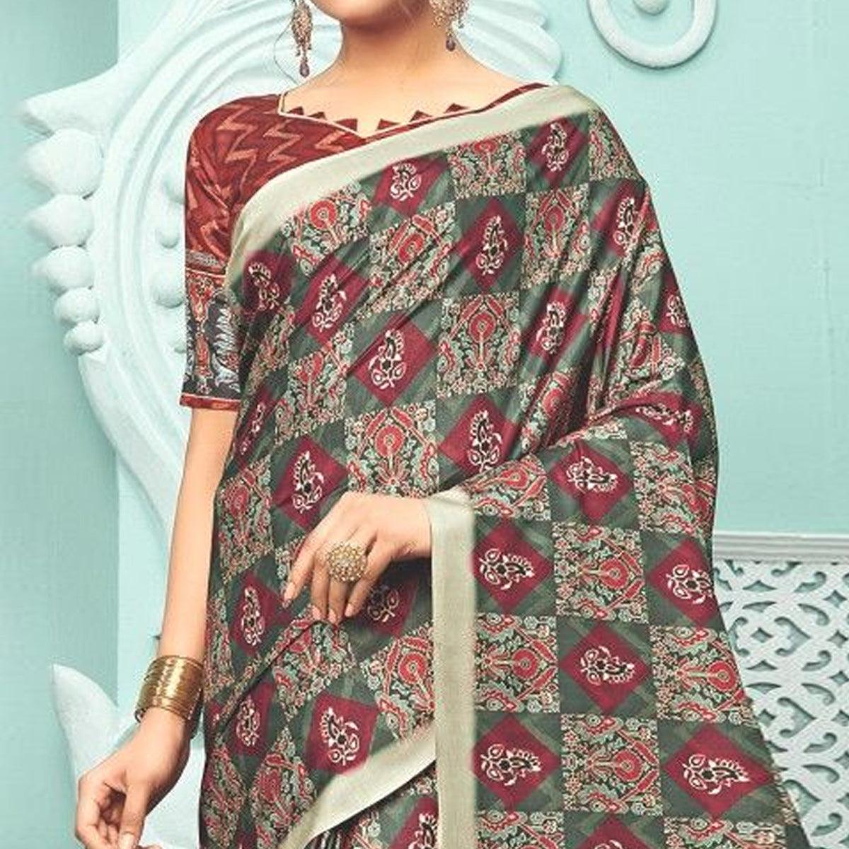 Teal Green Party Wear Satin Printed Saree With Unstitched Blouse - Peachmode