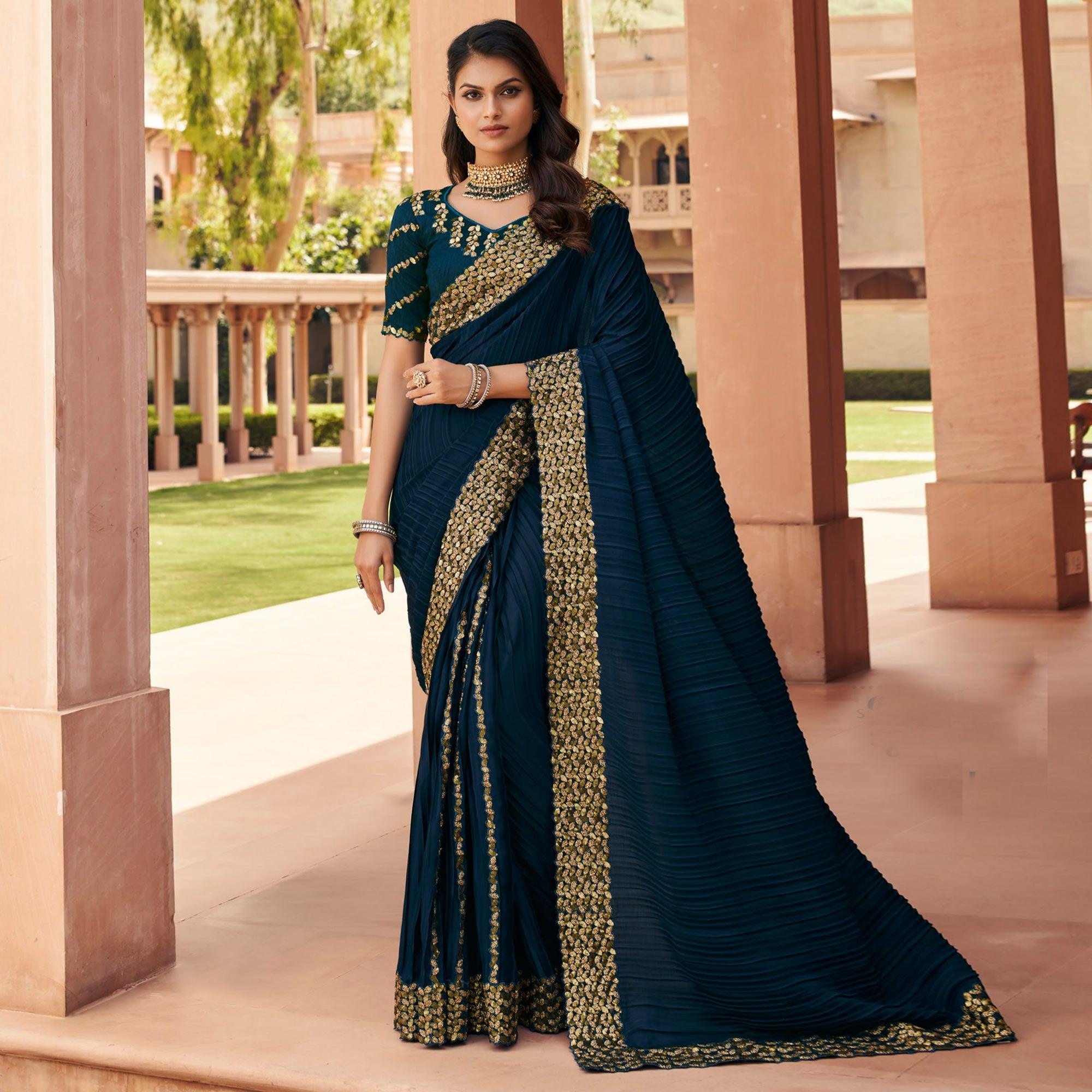 Teal Green Partywear Crush & Embroidered Sequence Natural Satin Saree - Peachmode