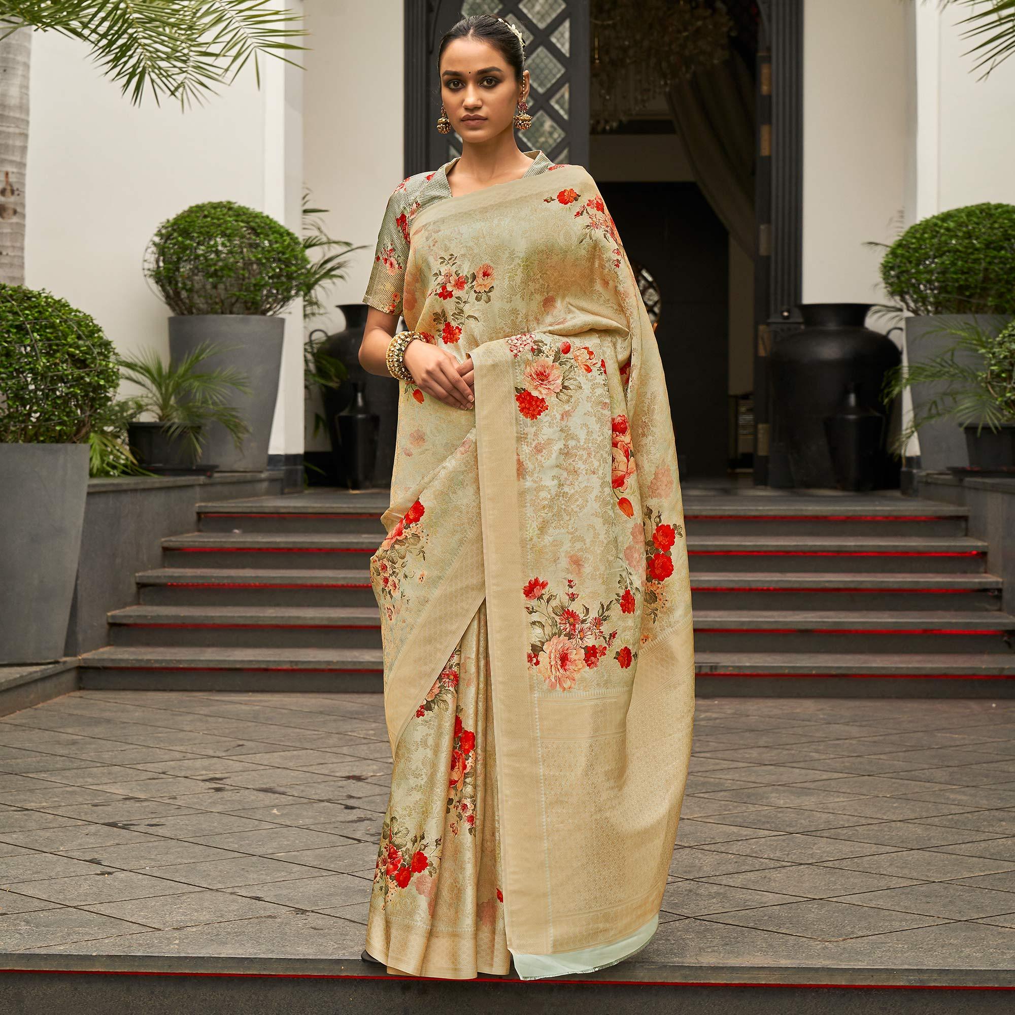 Teal Green Partywear Digital Printed Silk Saree - Peachmode