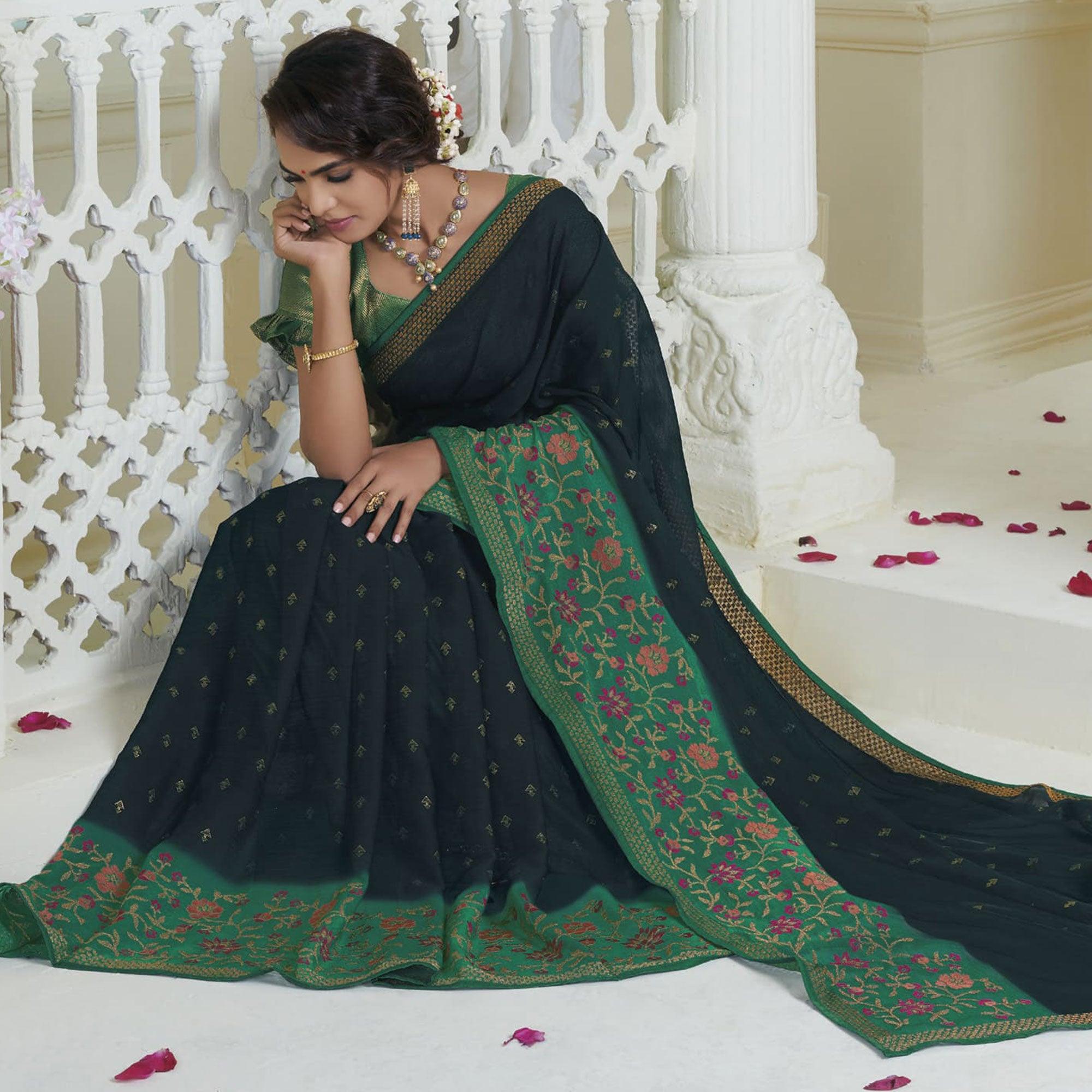 Teal Green Partywear Embroidered Chiffon Saree - Peachmode