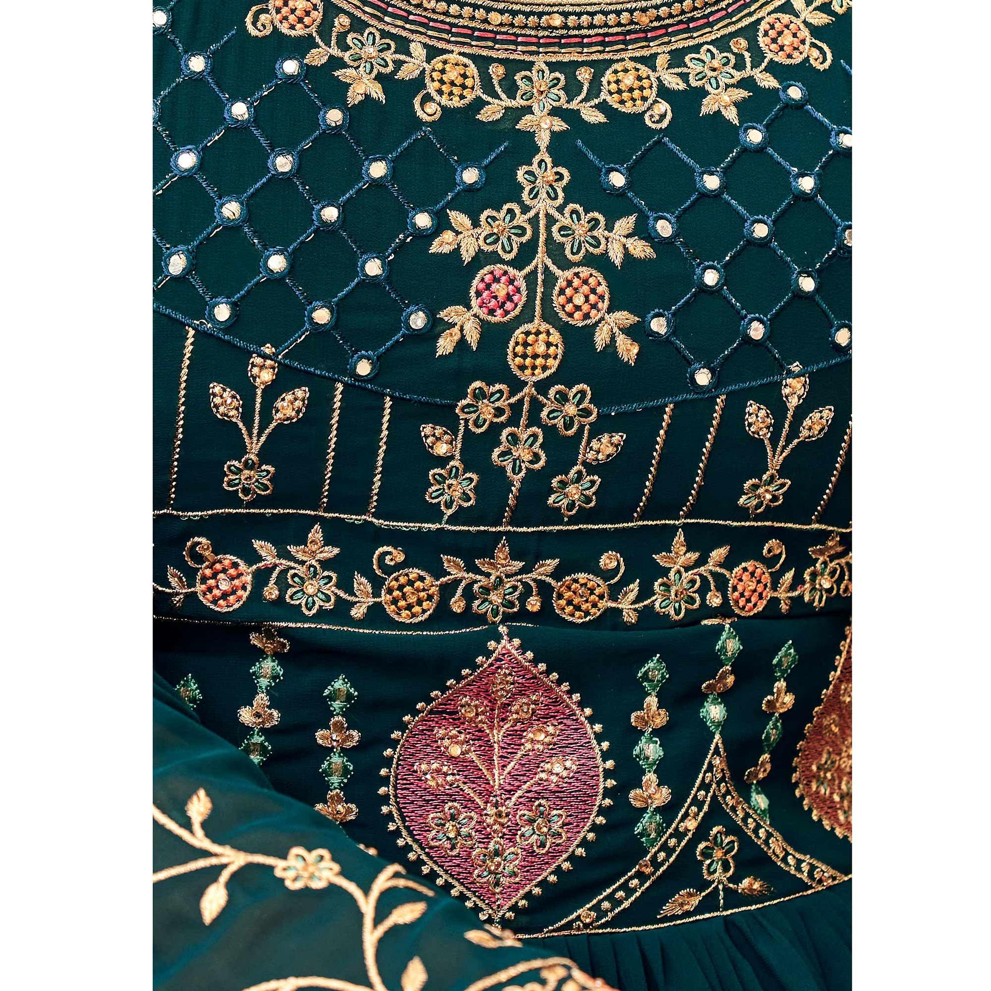 Teal Green Partywear Embroidered Georgette Gown - Peachmode