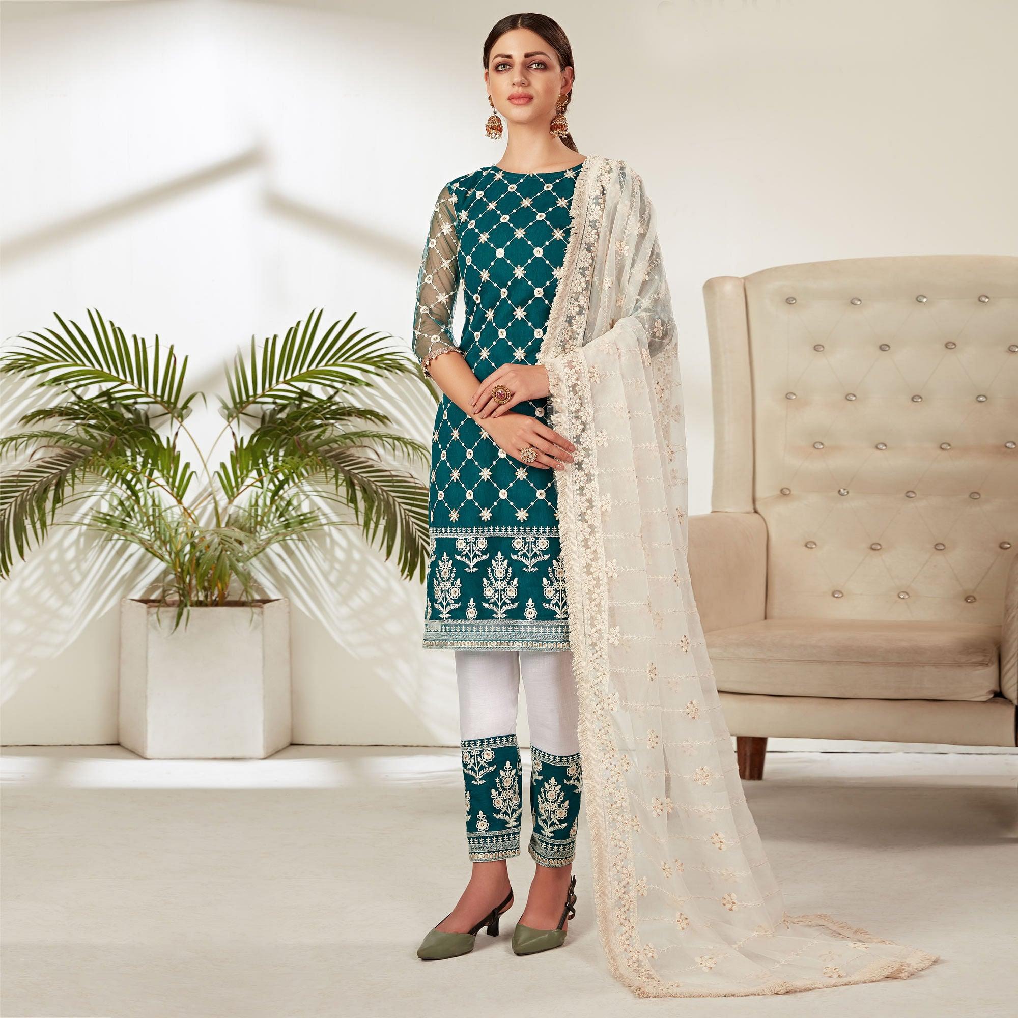 Teal Green Partywear Embroidered Heavy Net Pakistani Suit - Peachmode