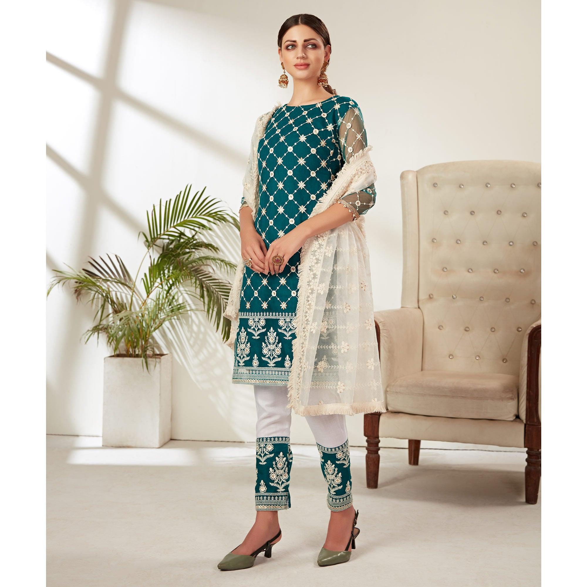 Teal Green Partywear Embroidered Heavy Net Pakistani Suit - Peachmode