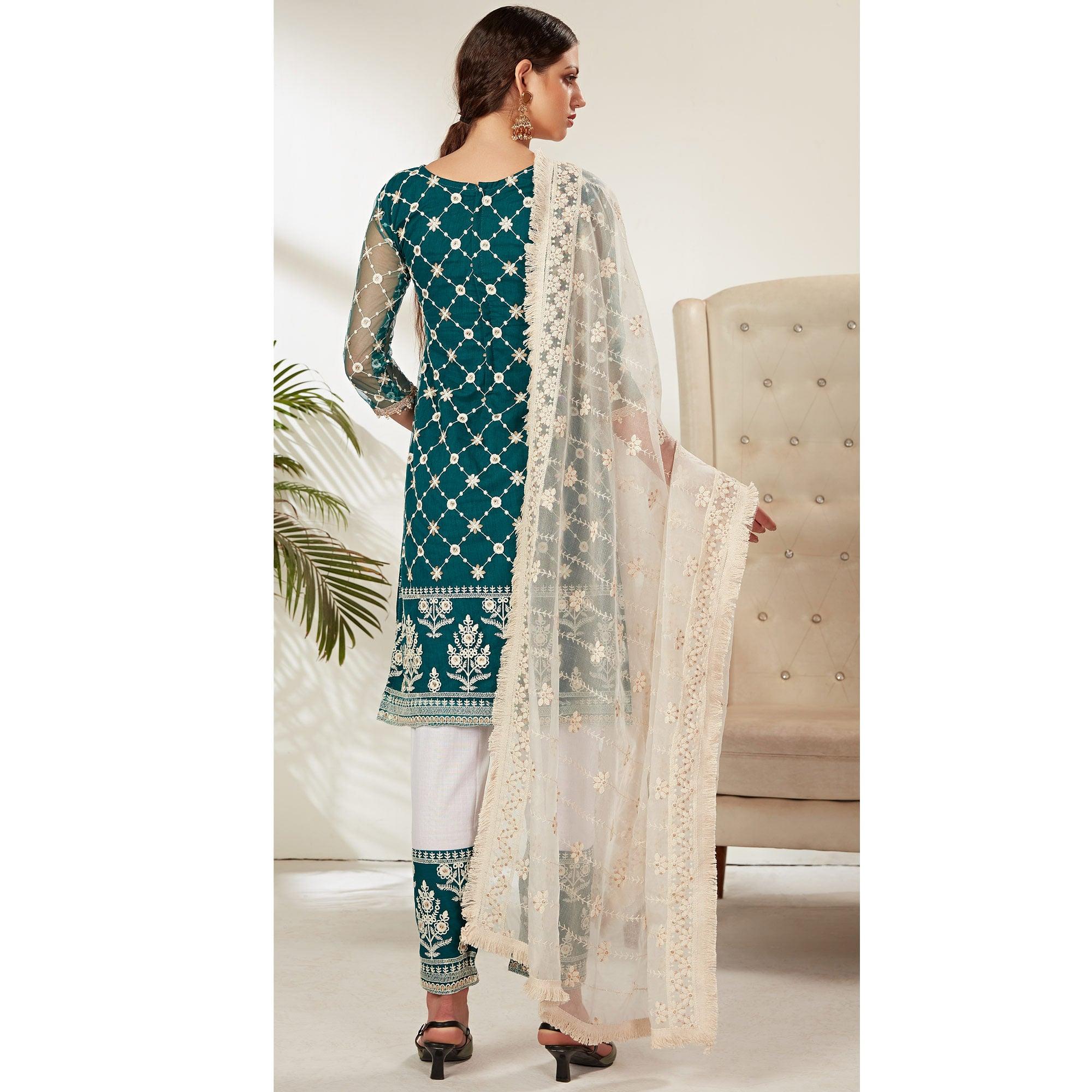 Teal Green Partywear Embroidered Heavy Net Pakistani Suit - Peachmode