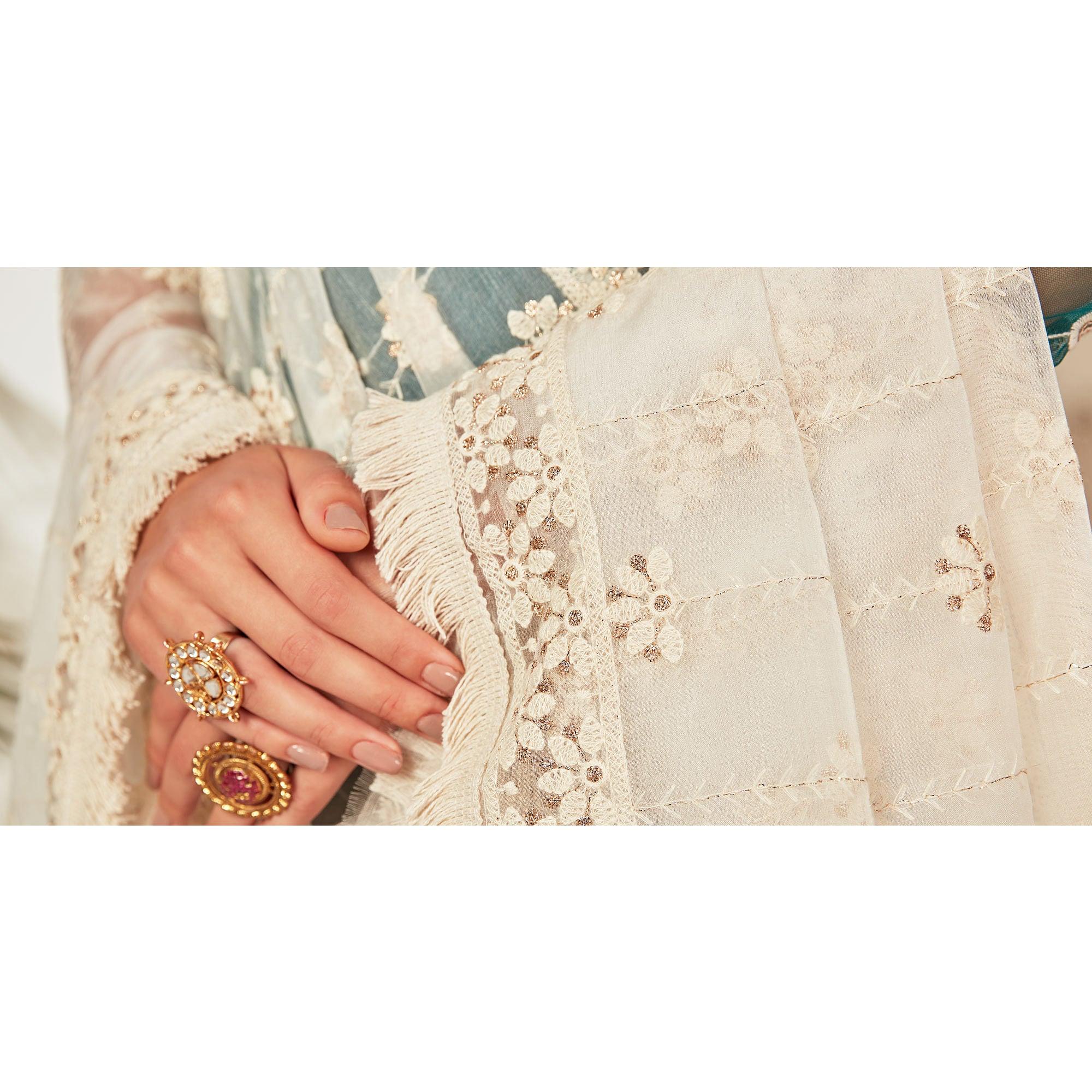 Teal Green Partywear Embroidered Heavy Net Pakistani Suit - Peachmode