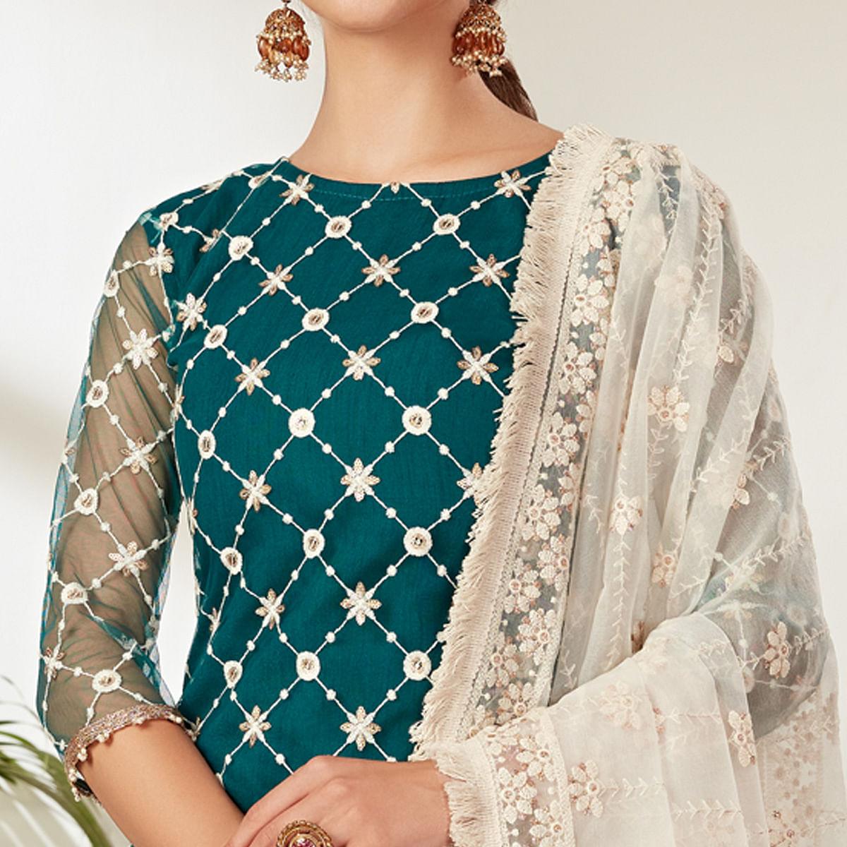 Teal Green Partywear Embroidered Heavy Net Pakistani Suit - Peachmode