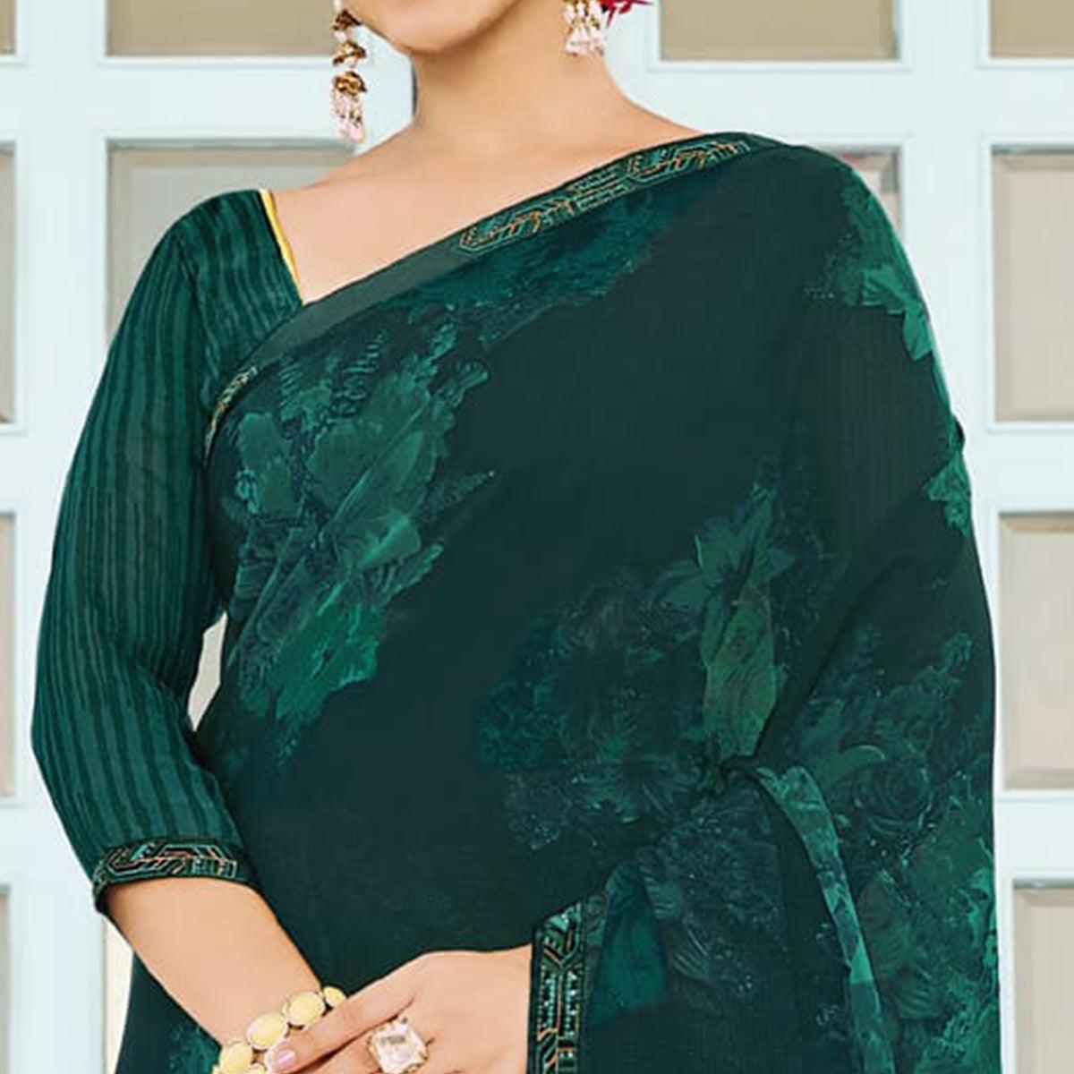 Teal Green Partywear Floral Printed Georgette Saree - Peachmode